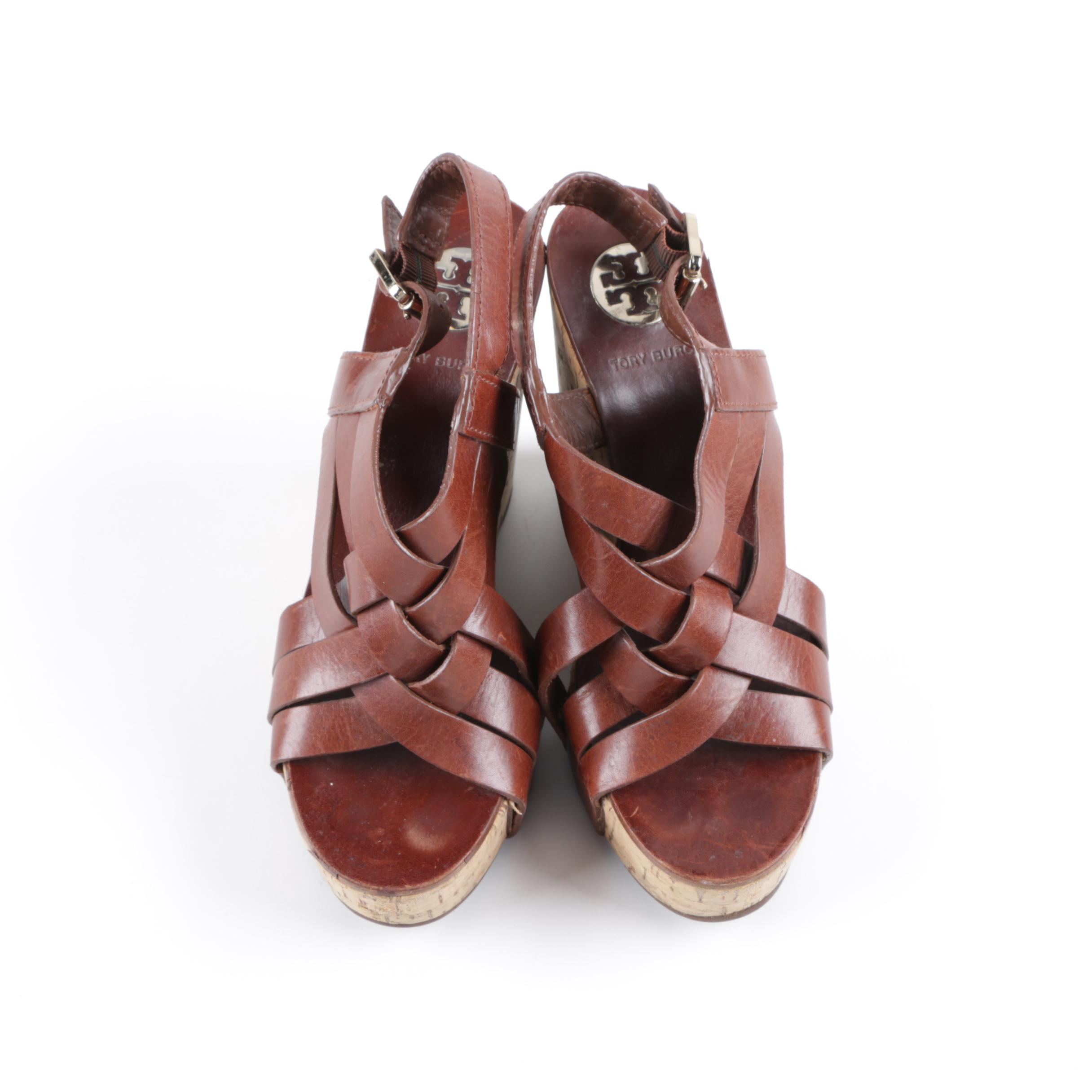 Tory Burch Brown Leather and Cork Wedge Sandals