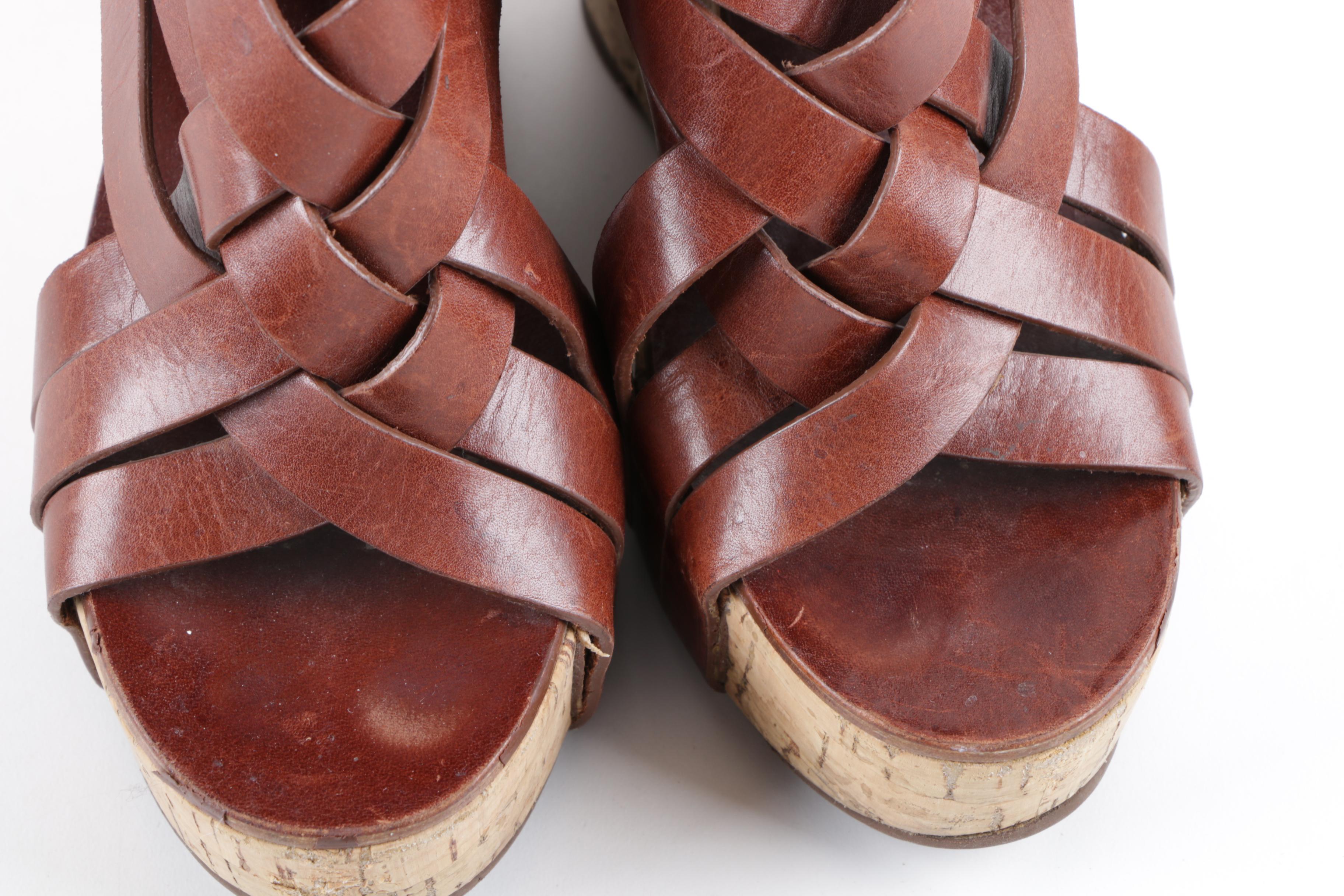 Tory Burch Brown Leather and Cork Wedge Sandals