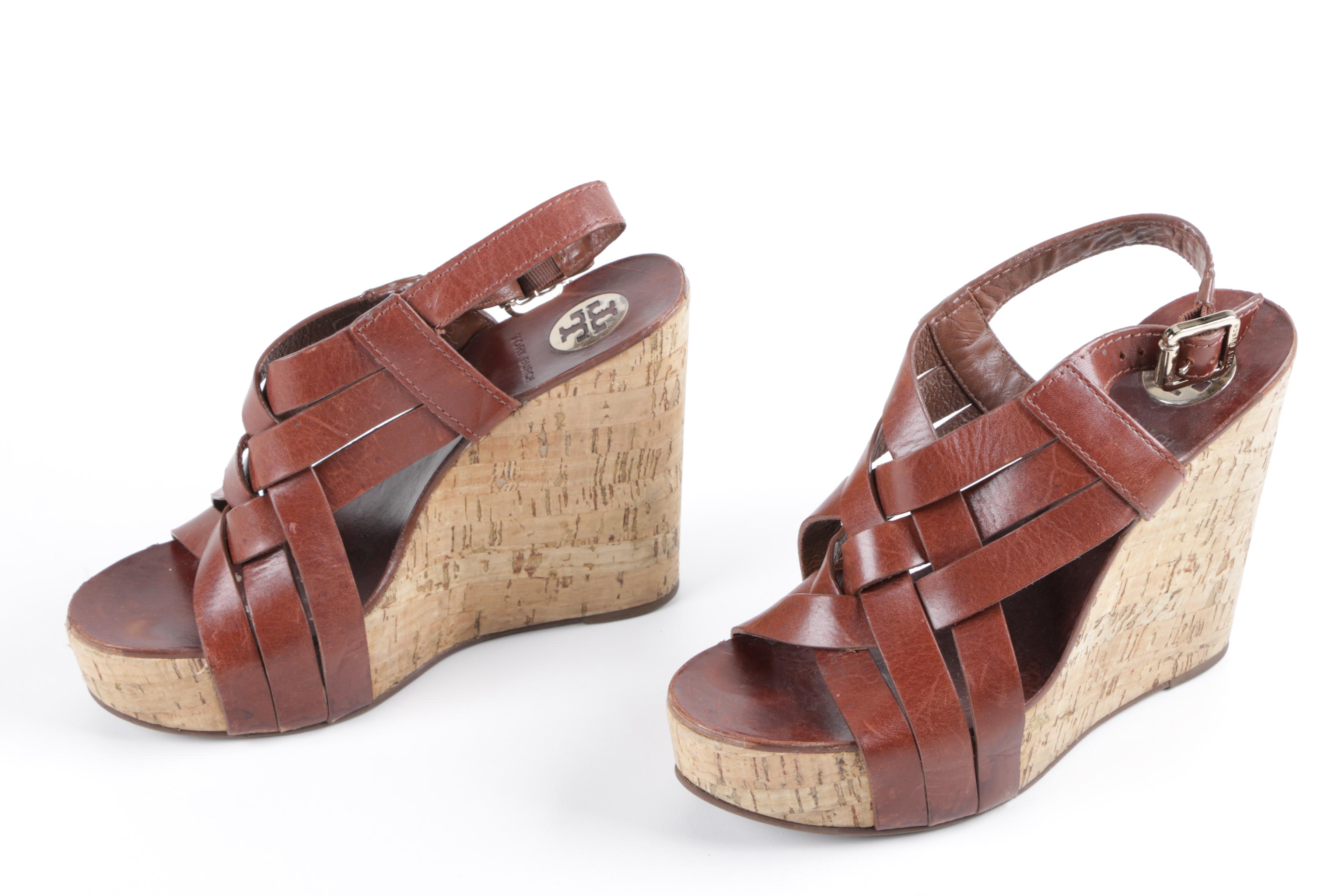 Tory Burch Brown Leather and Cork Wedge Sandals