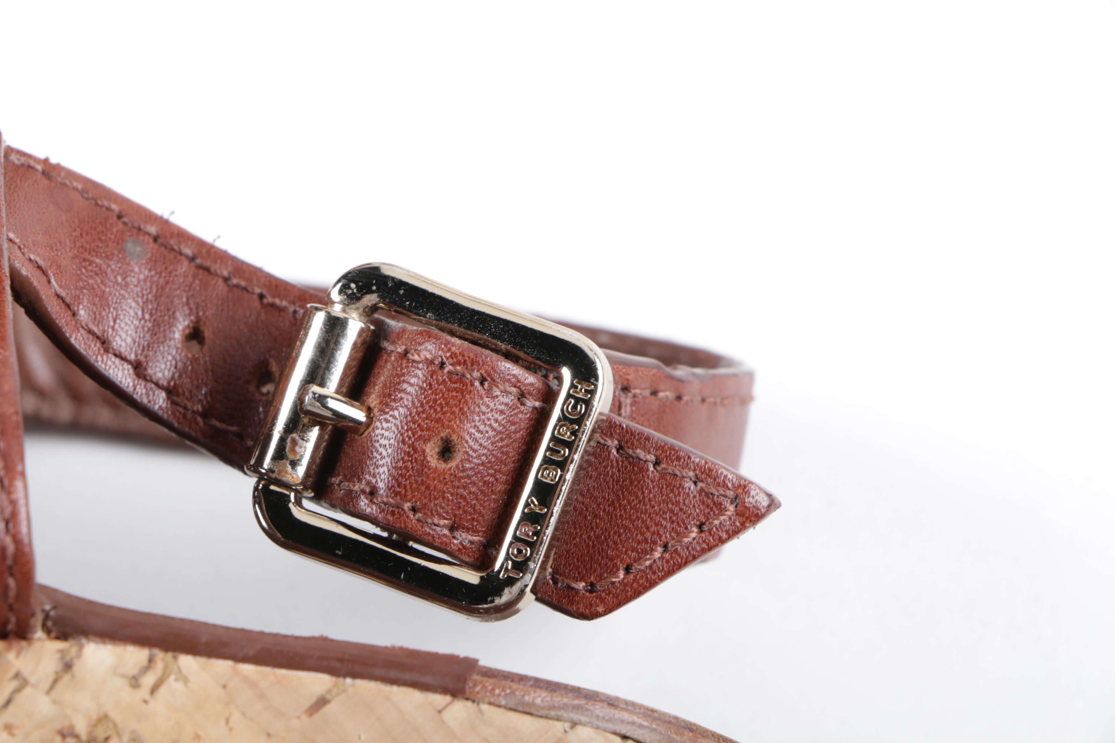 Tory Burch Brown Leather and Cork Wedge Sandals