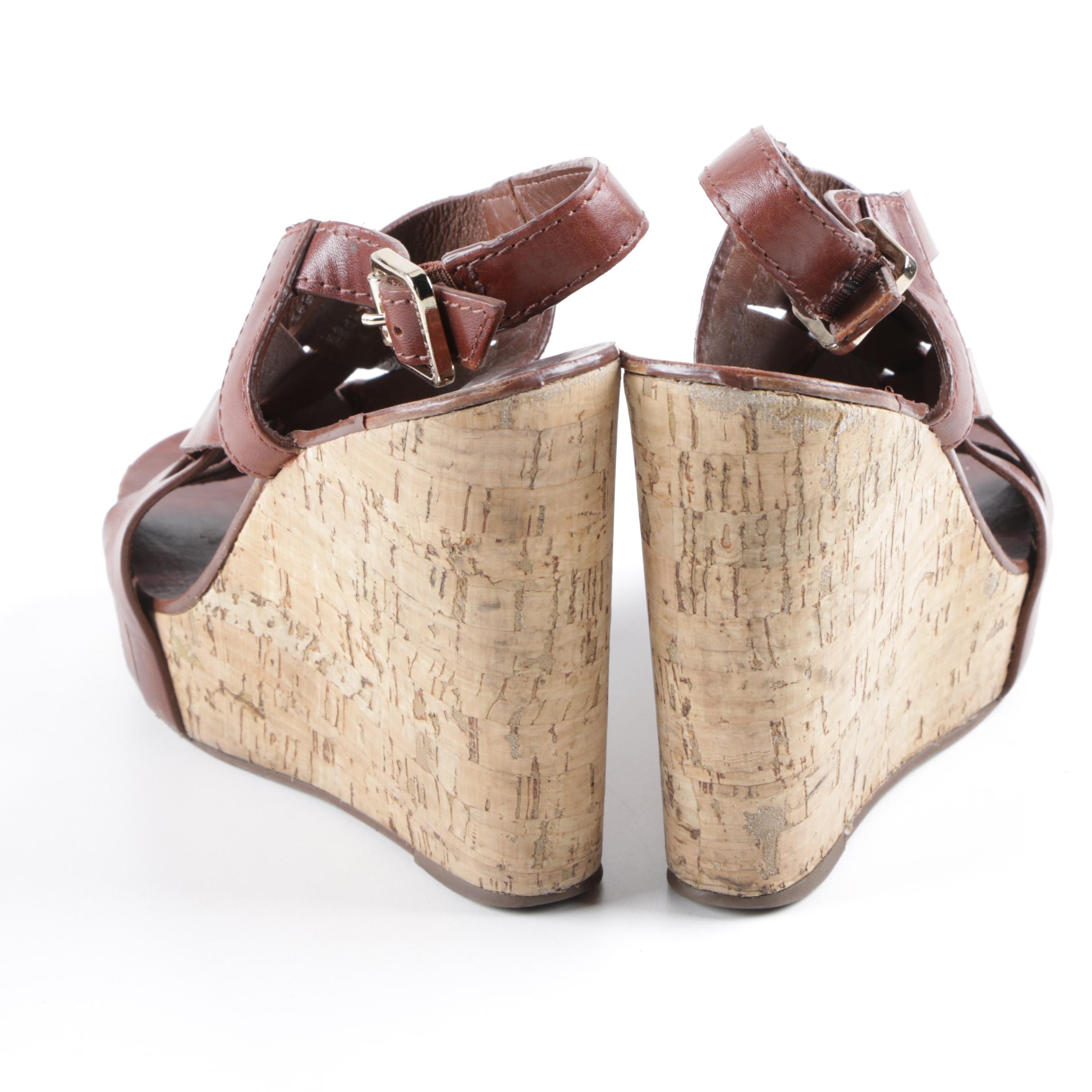 Tory Burch Brown Leather and Cork Wedge Sandals