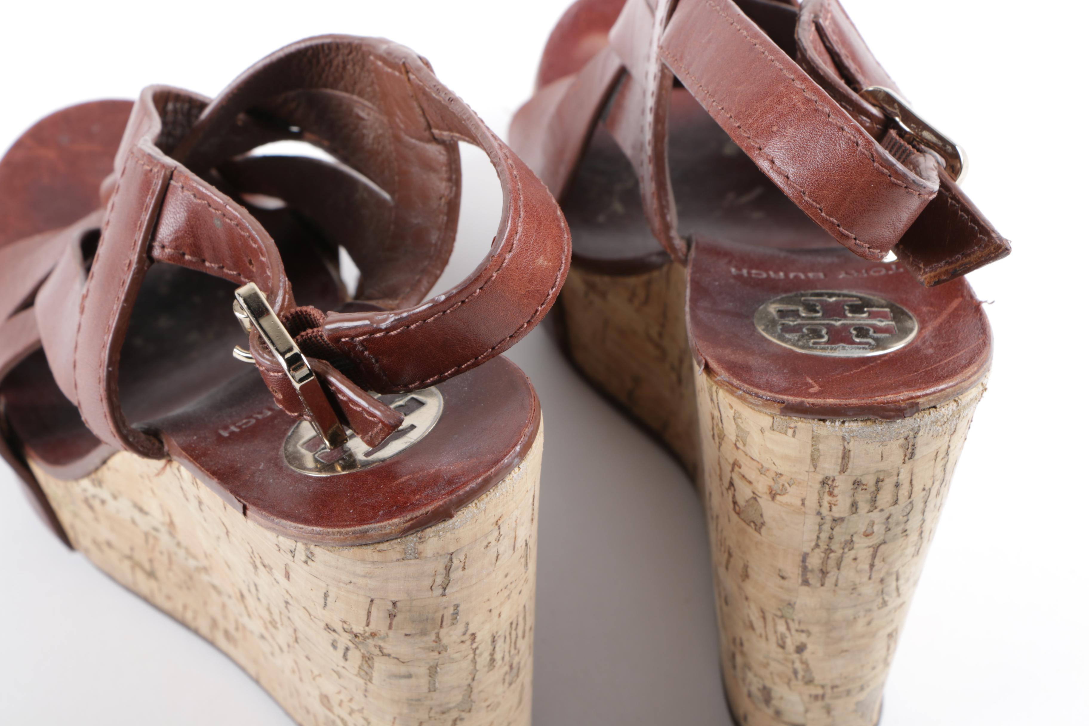 Tory Burch Brown Leather and Cork Wedge Sandals