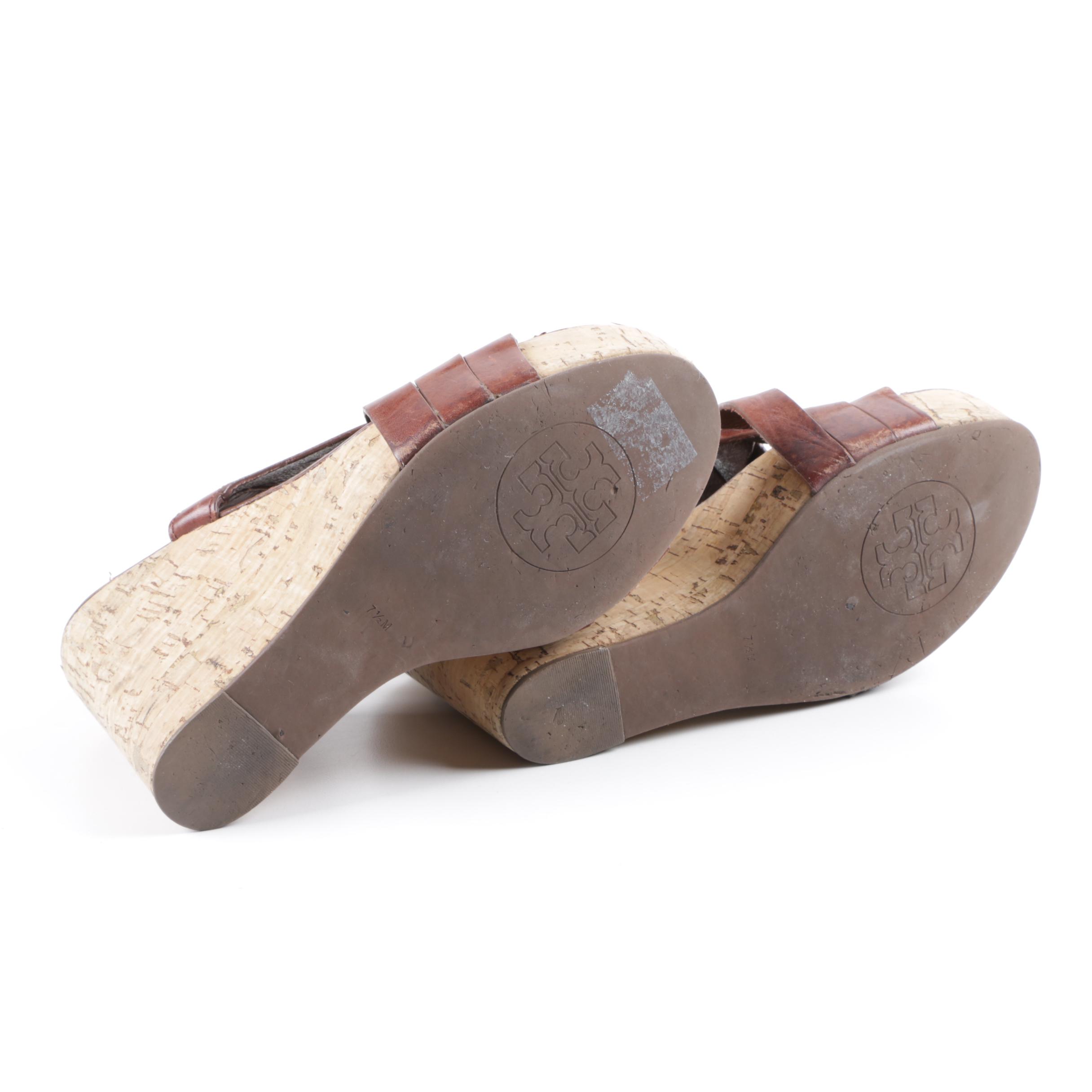 Tory Burch Brown Leather and Cork Wedge Sandals