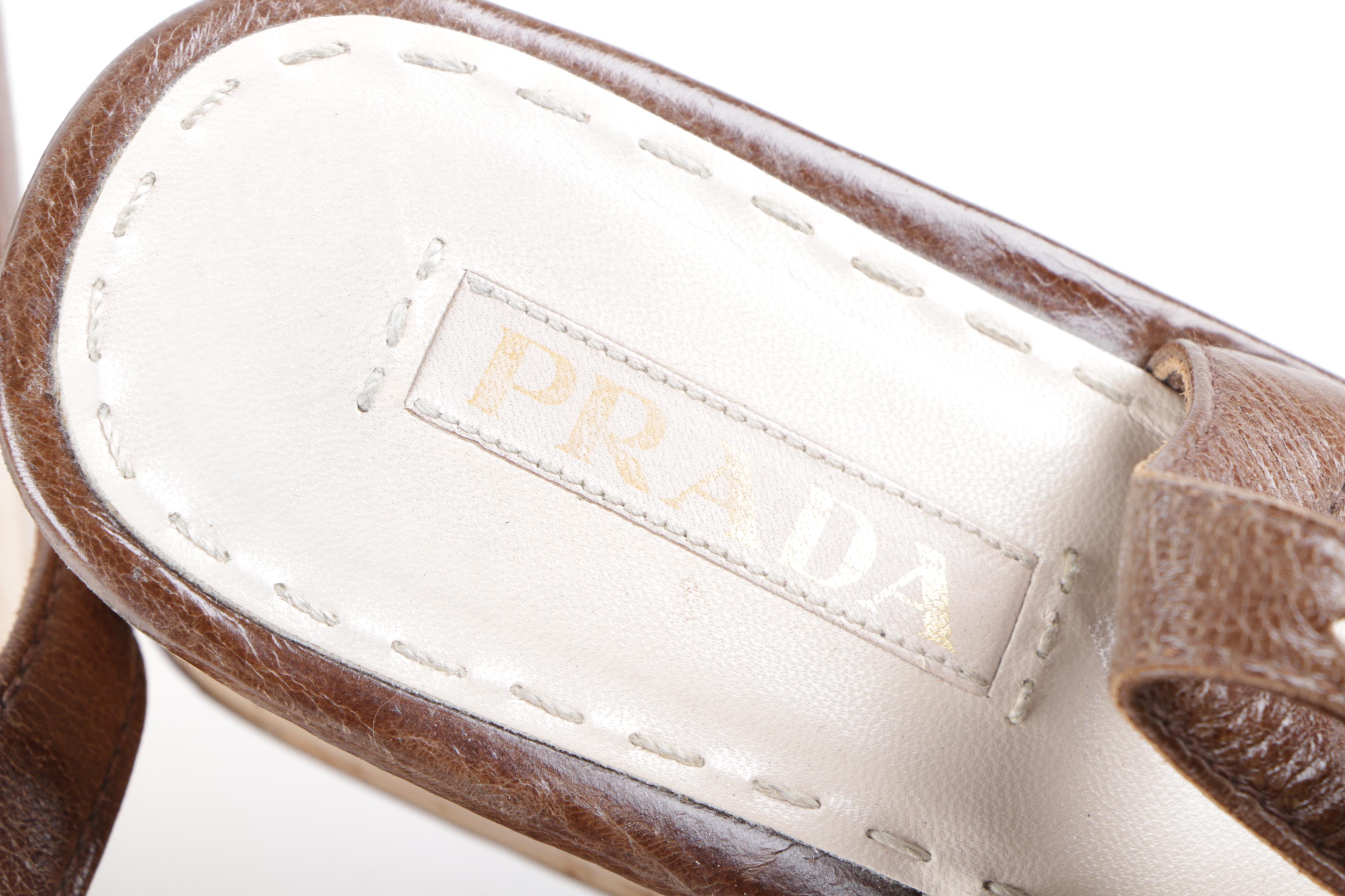 Women's Prada Brown Leather and Cork Wedge Platform Sandals