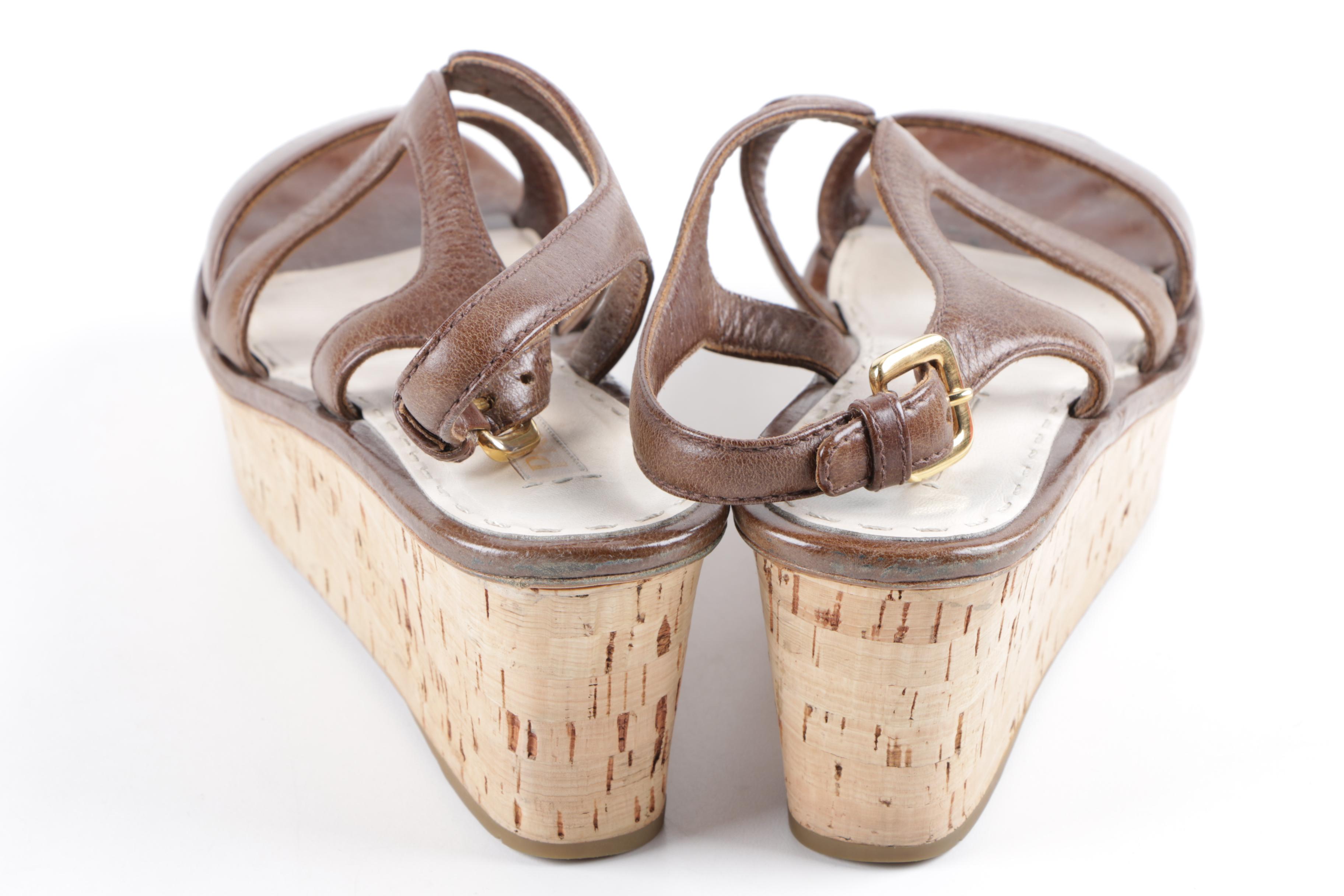 Women's Prada Brown Leather and Cork Wedge Platform Sandals