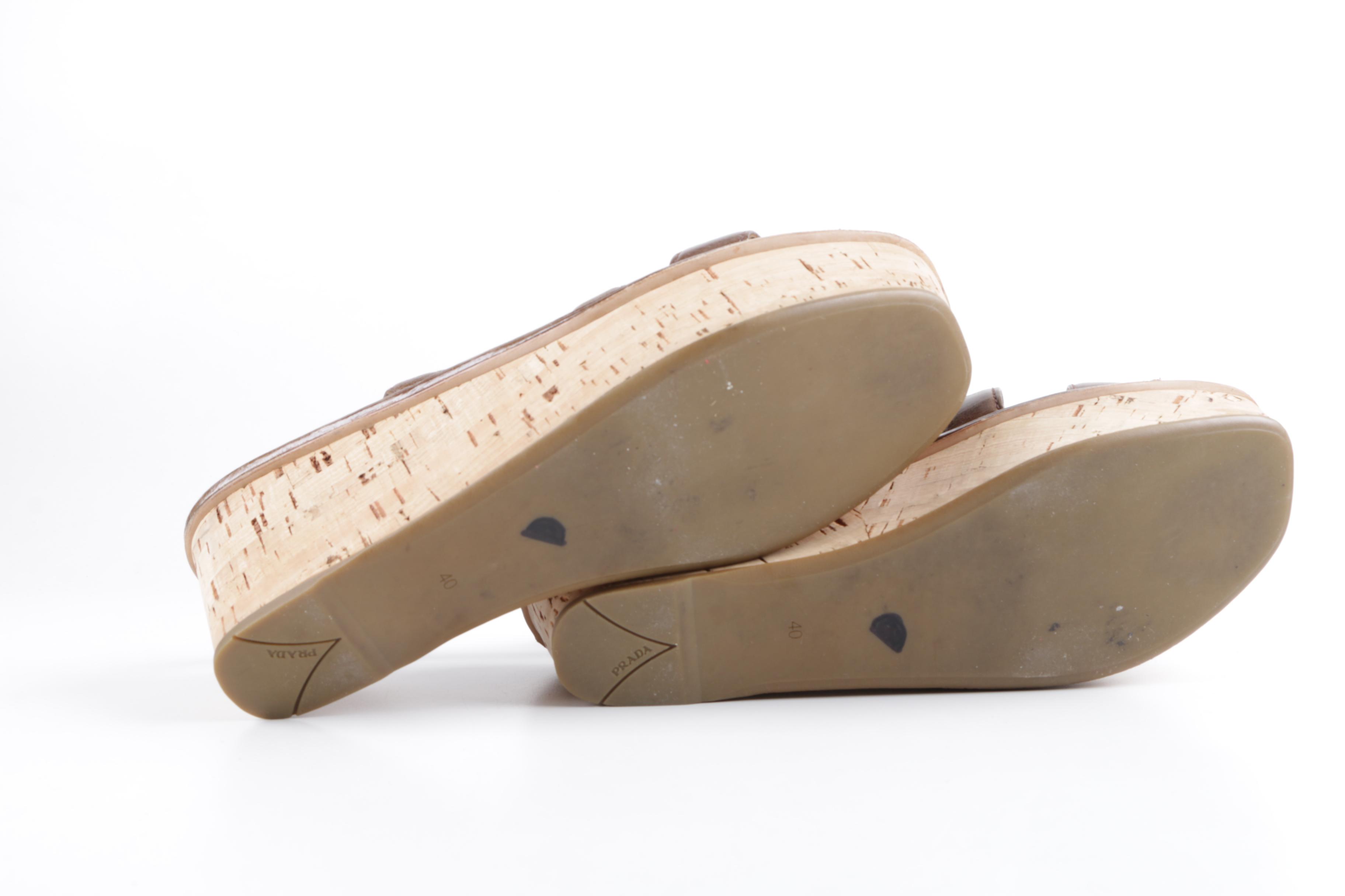 Women's Prada Brown Leather and Cork Wedge Platform Sandals