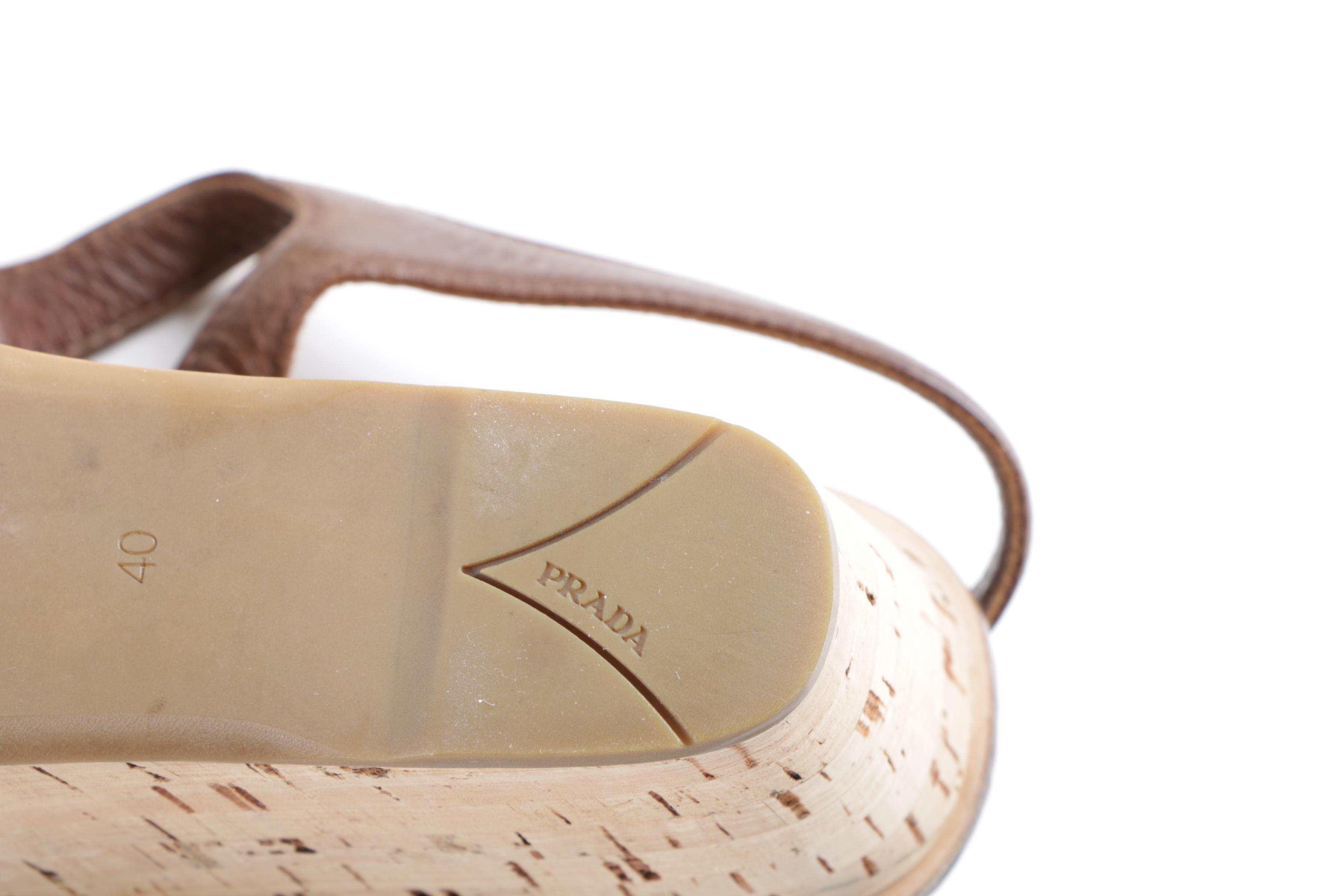 Women's Prada Brown Leather and Cork Wedge Platform Sandals