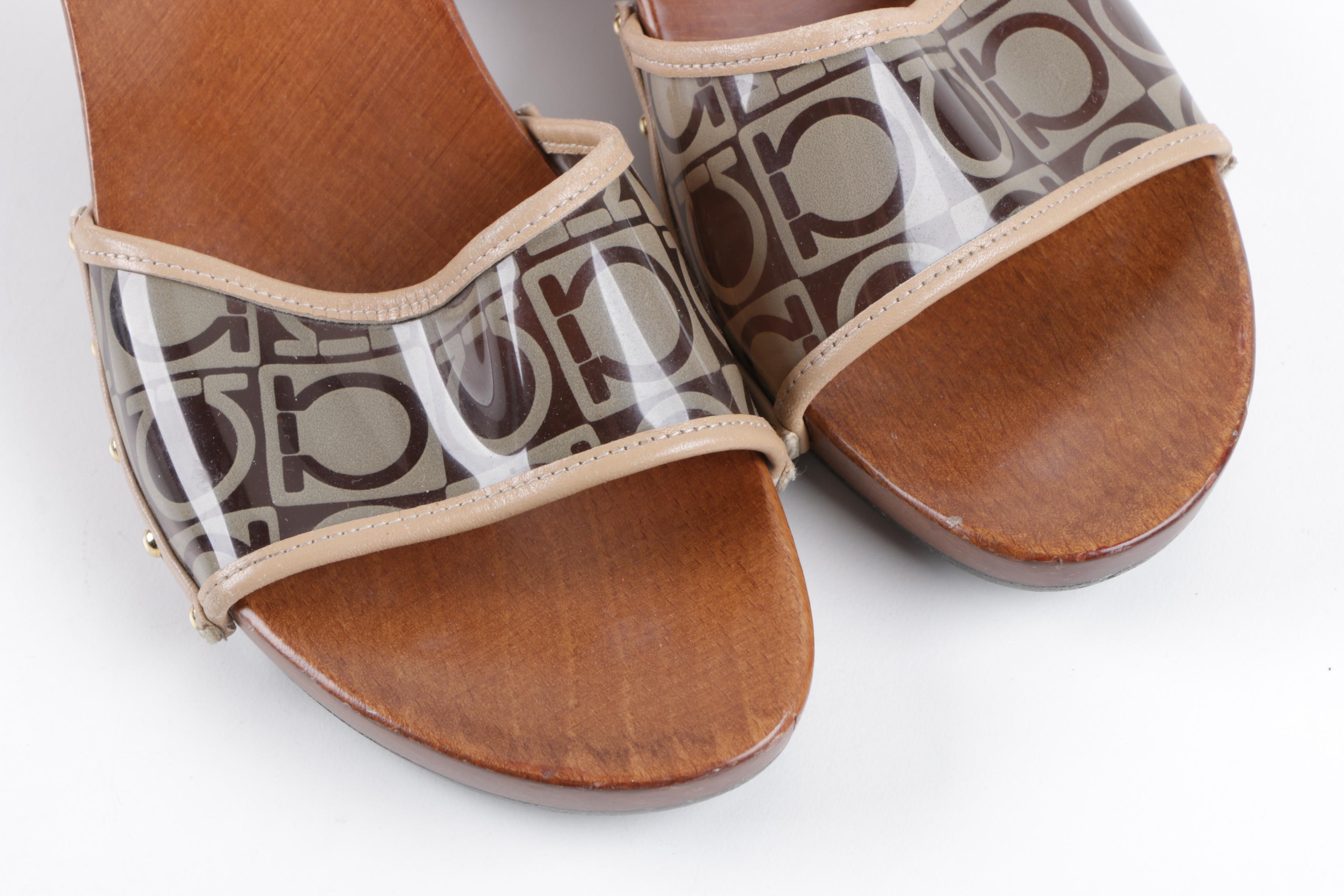 Salvatore Ferragamo Wooden Slides with Gancini Logo Vamps