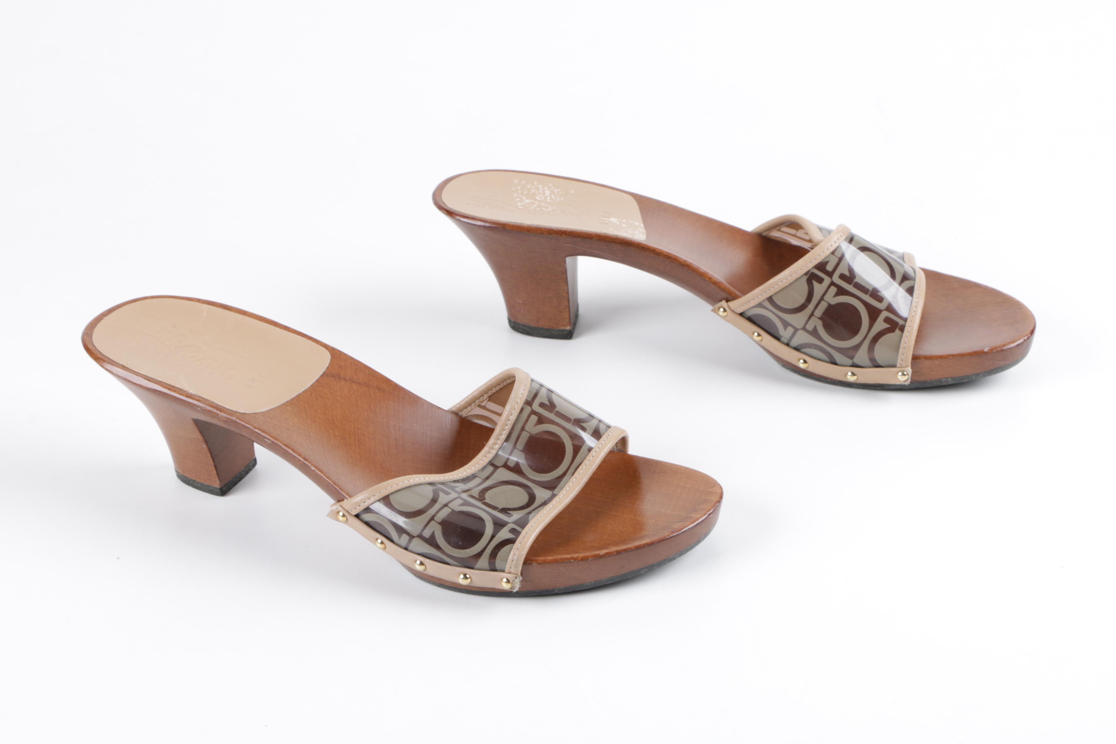 Salvatore Ferragamo Wooden Slides with Gancini Logo Vamps