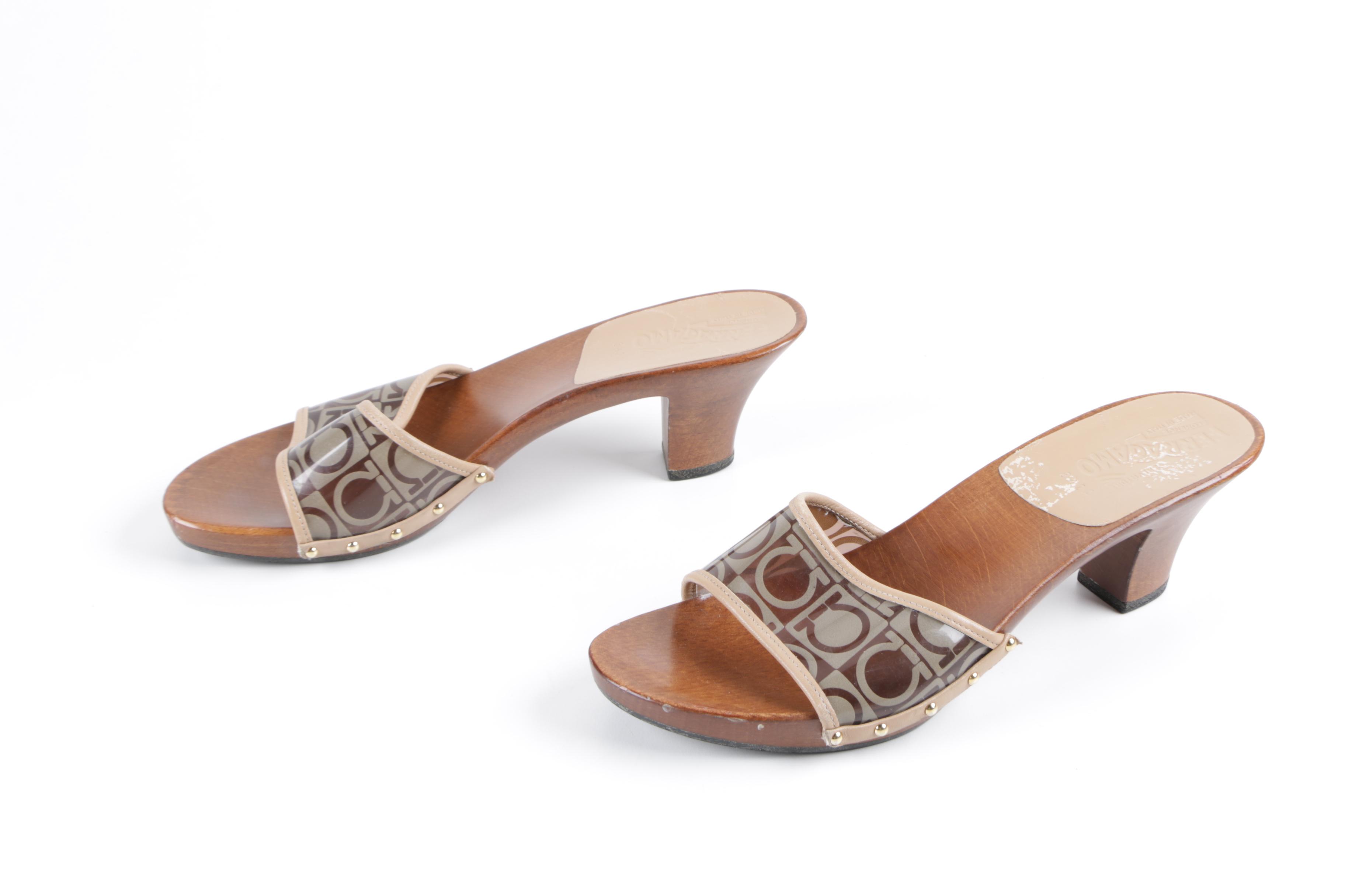 Salvatore Ferragamo Wooden Slides with Gancini Logo Vamps