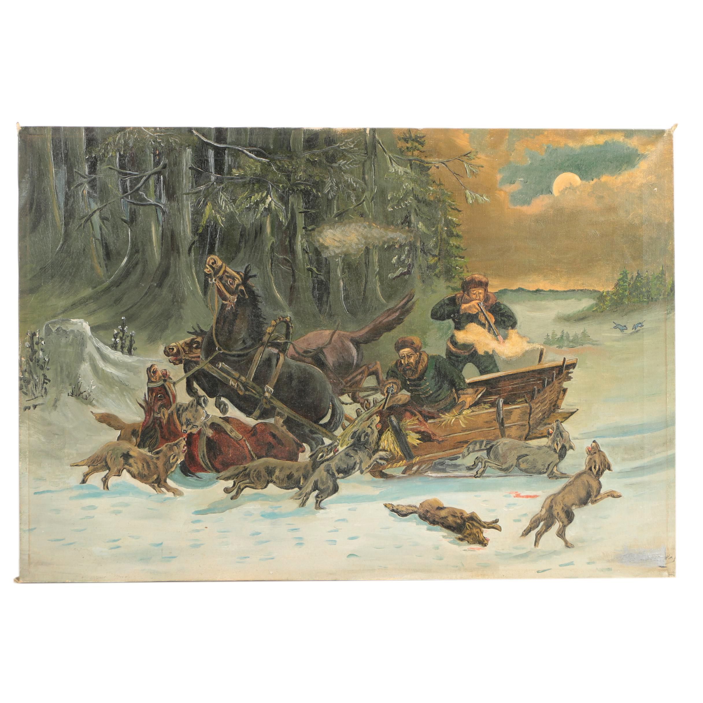 20th-Century Oil Painting of a Wolf Attack