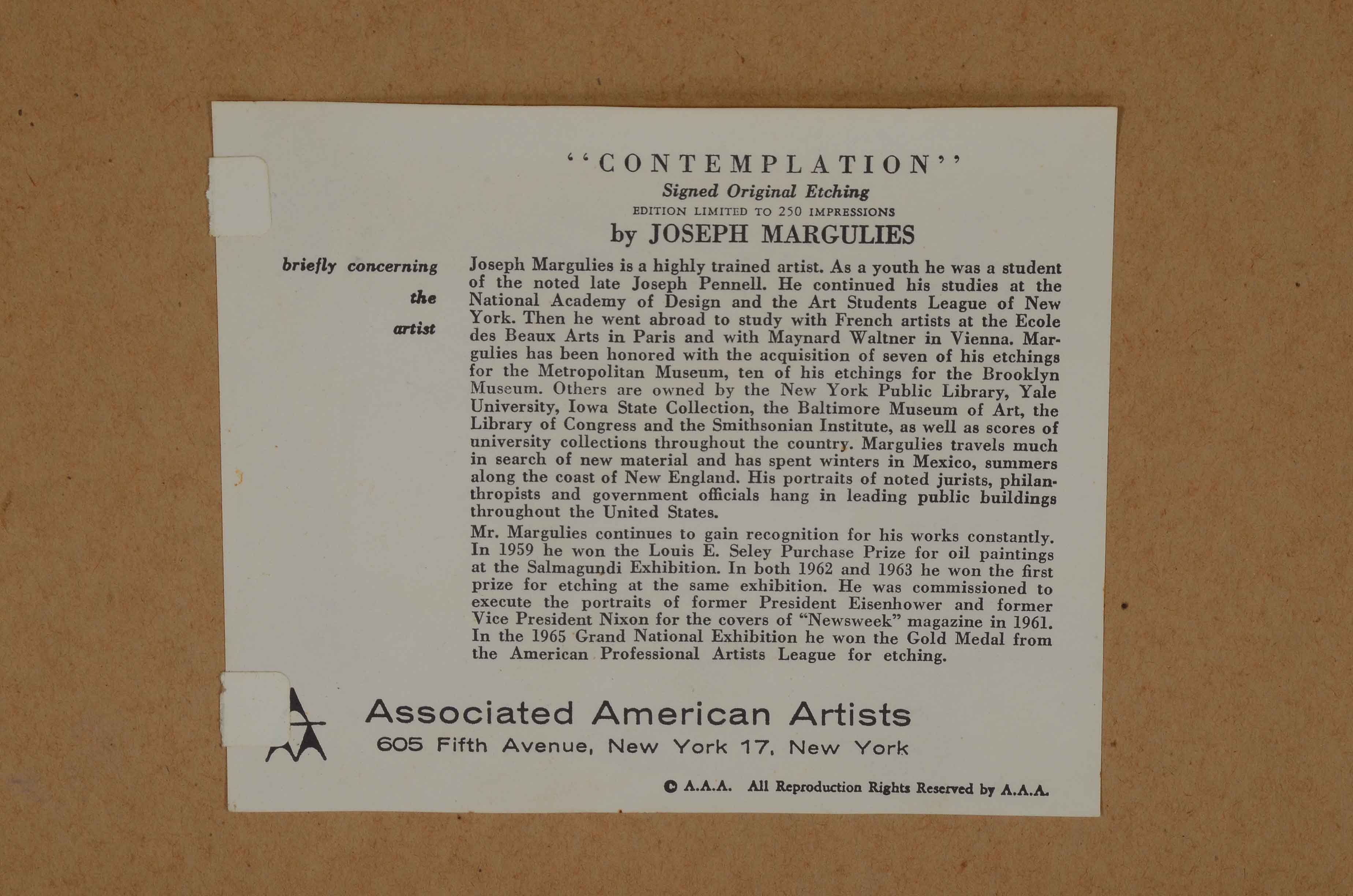 Joseph Margulies Original Etching "Contemplation"