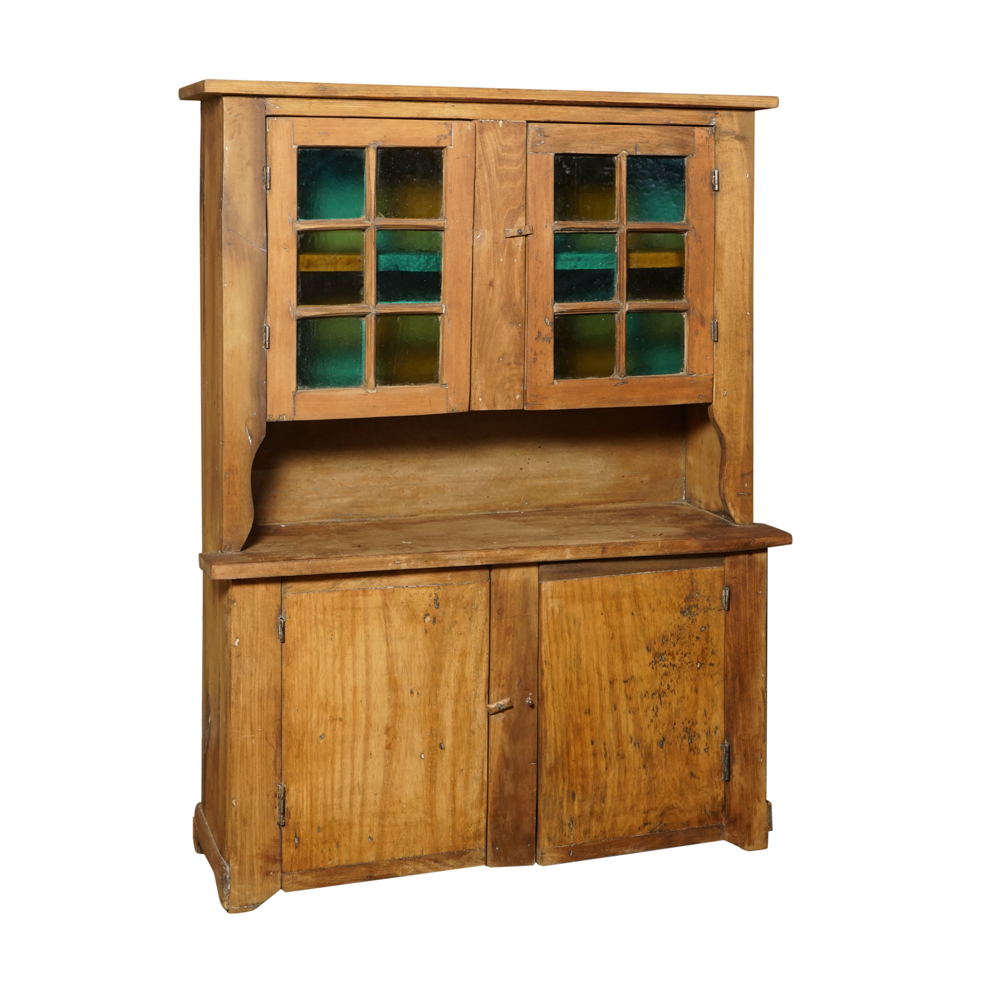 Vintage Rustic Pine Cupboard with Stained Glass Panels