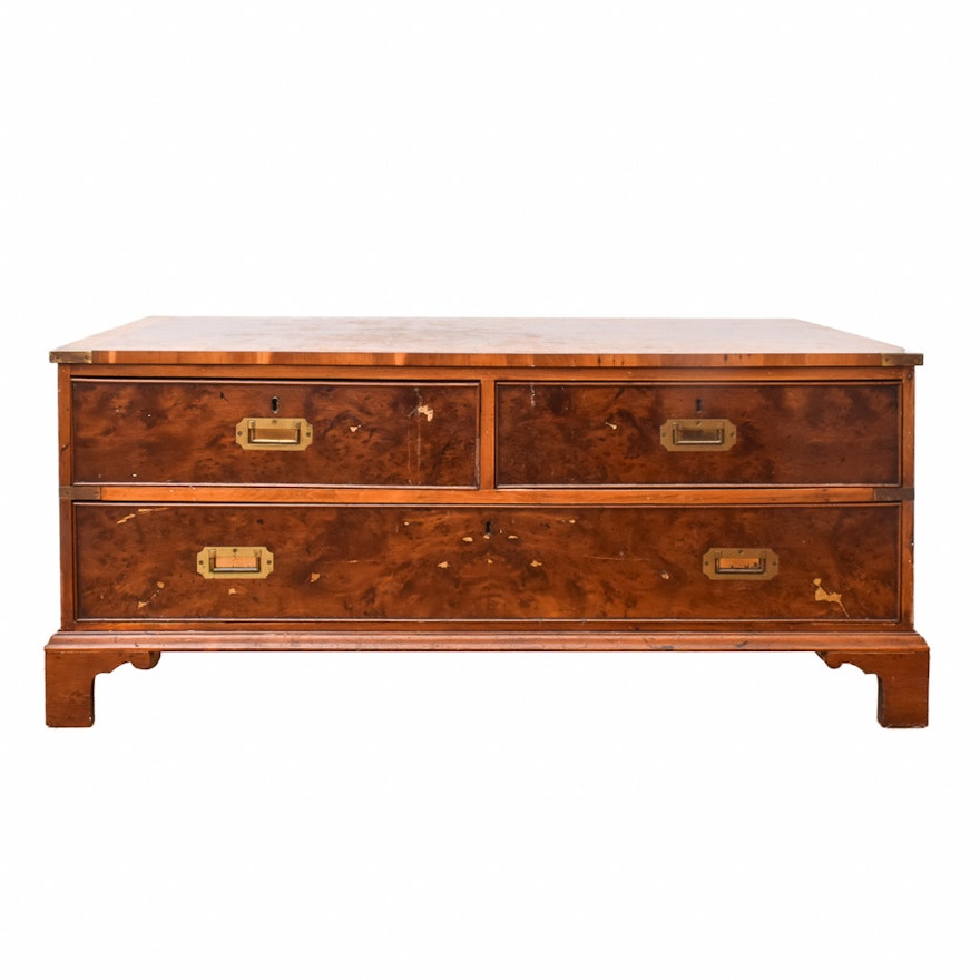 Antique Burl Walnut Campaign Style Low Chest of Drawers