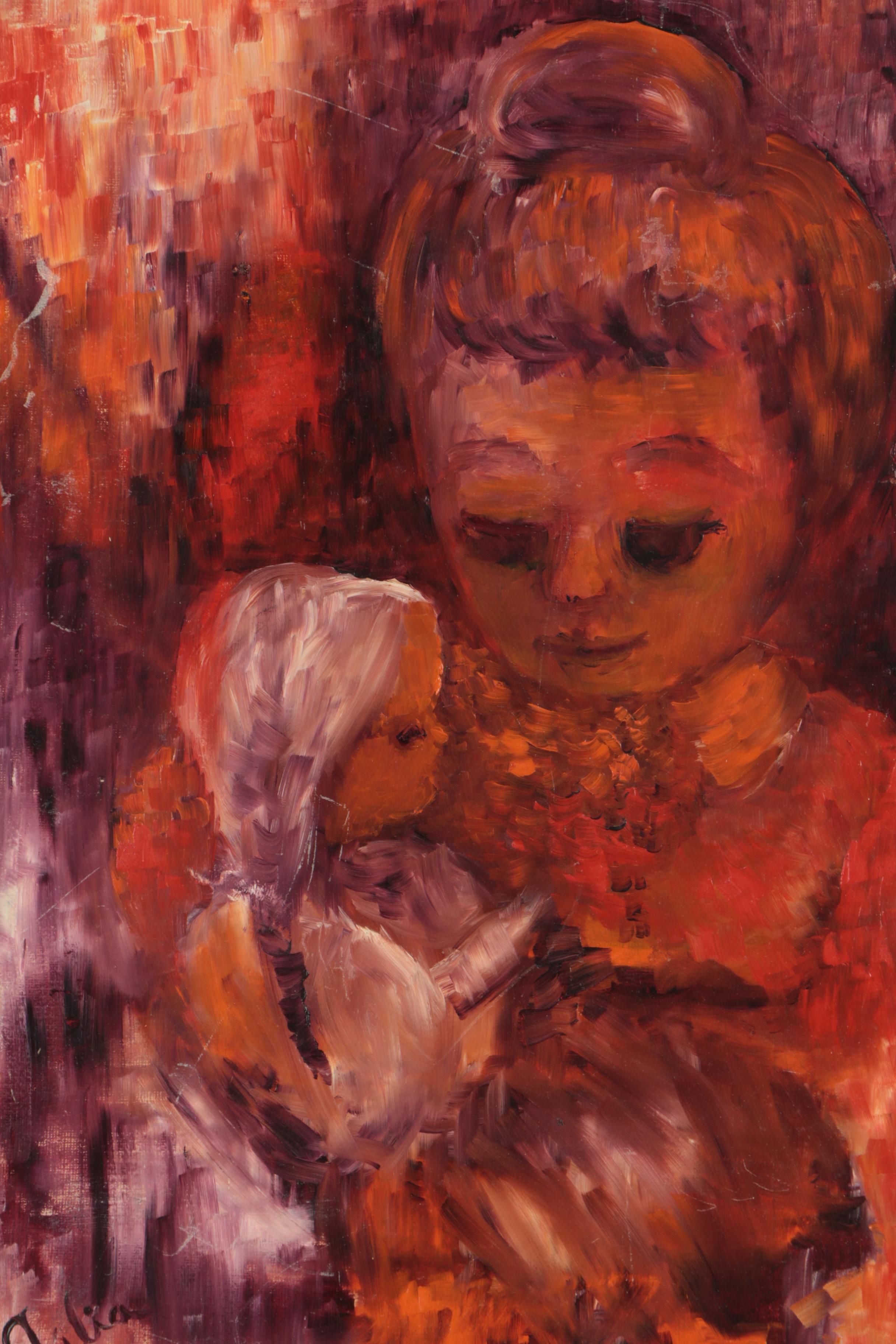 1965 Julia Johnson Oil Painting "Girl and Her Doll"