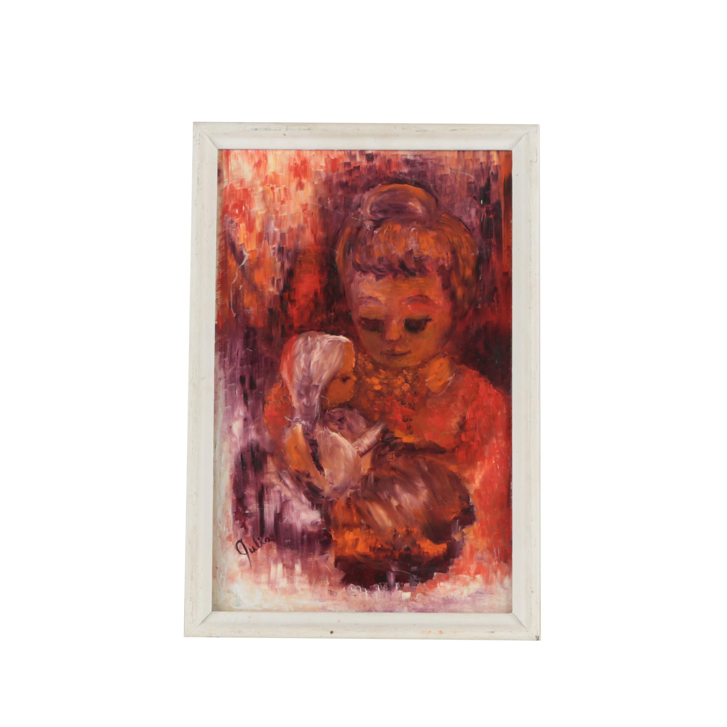 1965 Julia Johnson Oil Painting "Girl and Her Doll"