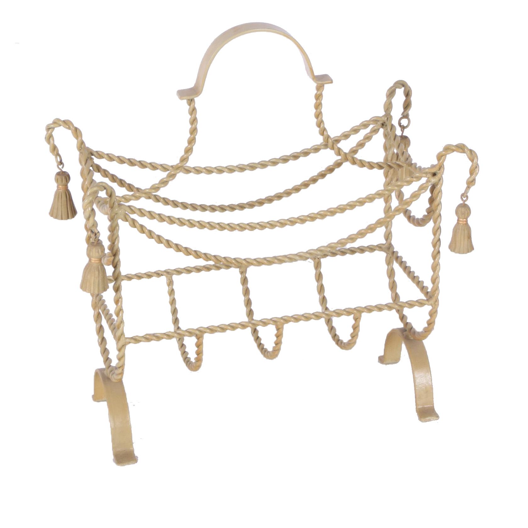 Cream Painted Metal Magazine Rack with Rope and Tassel Motif