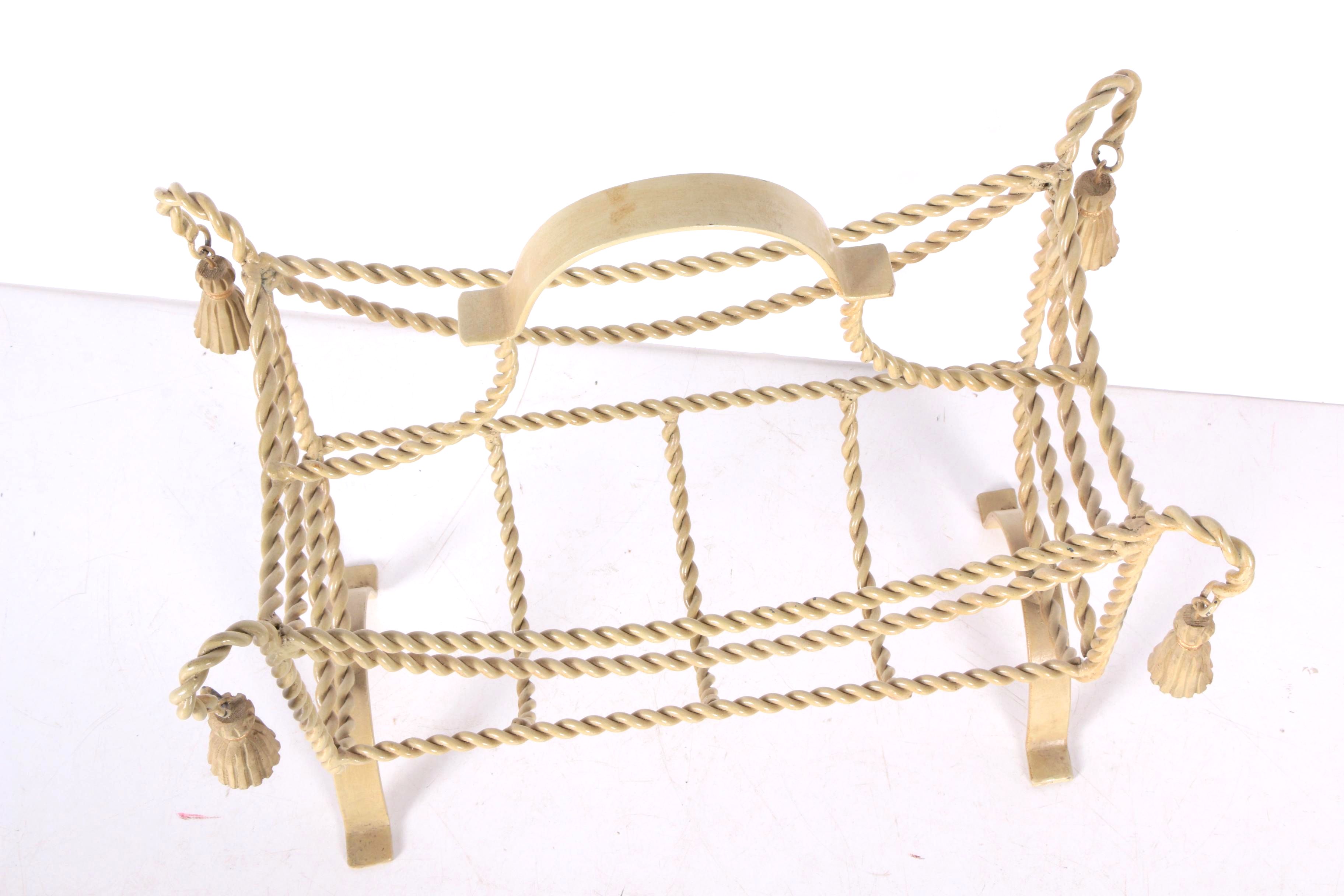 Cream Painted Metal Magazine Rack with Rope and Tassel Motif
