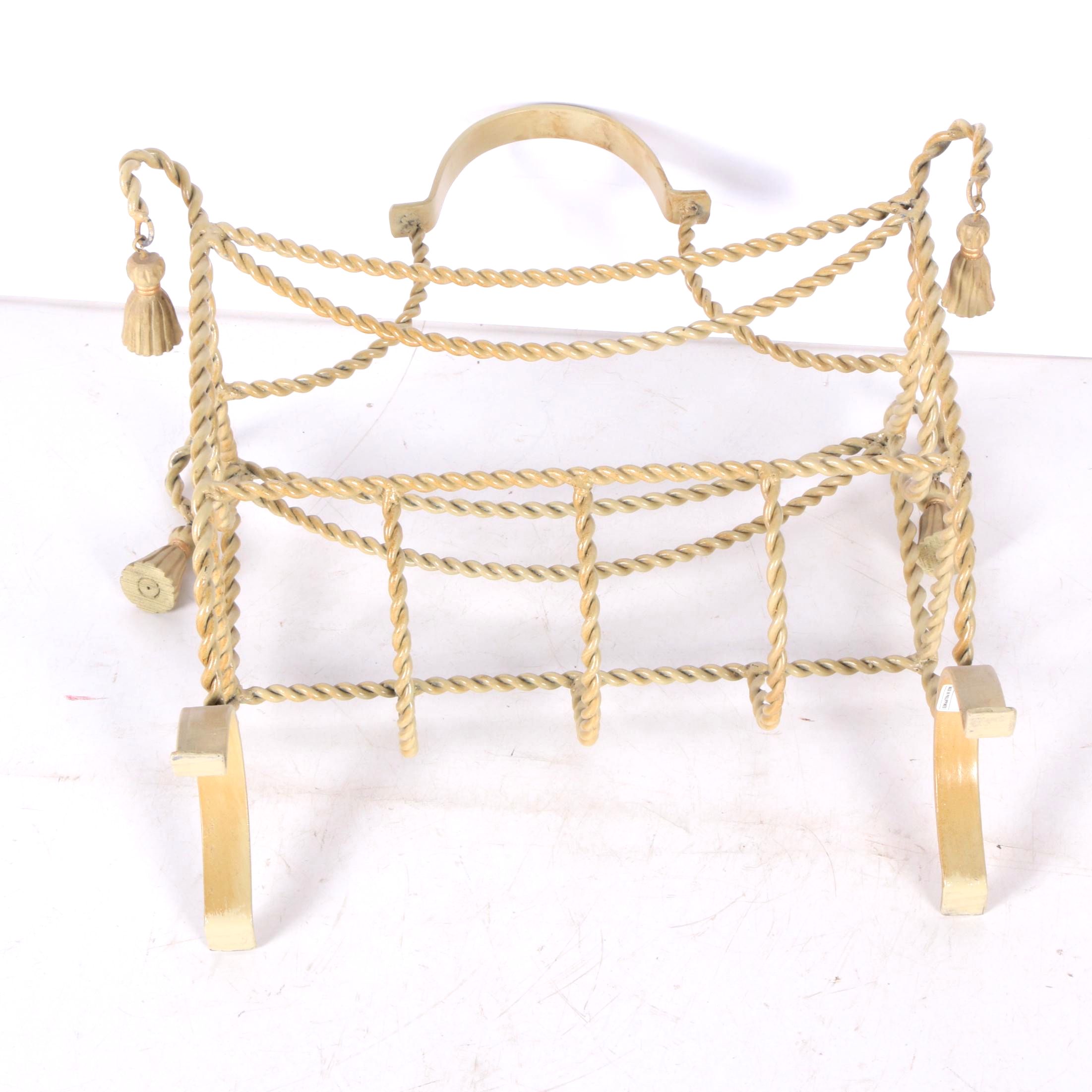Cream Painted Metal Magazine Rack with Rope and Tassel Motif