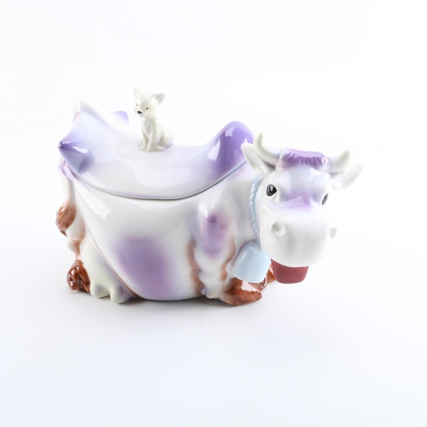 American Retro Cow Cookie Jar with Cat Finial