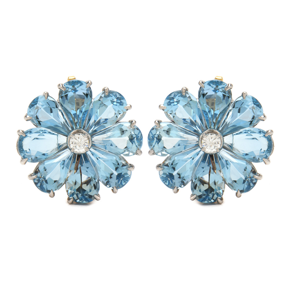 Tiffany & Co. Platinum, Diamond and 15.99 CTW Aquamarine Flower Earrings