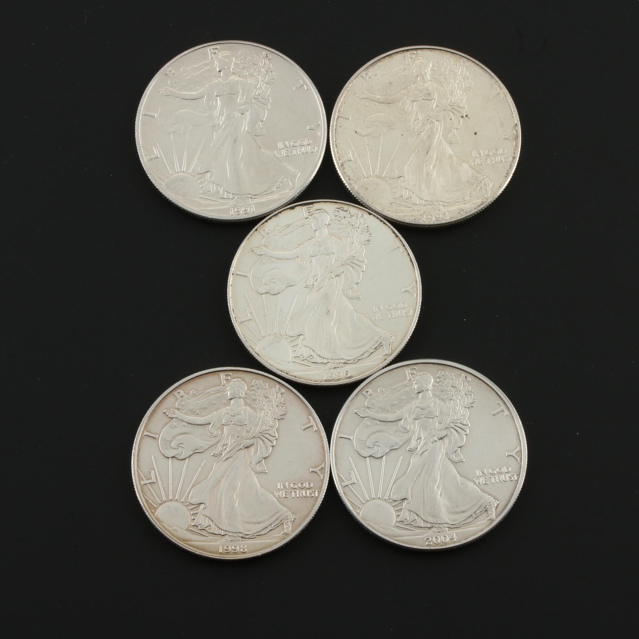 Five Walking Liberty Silver Eagle Bullion Coins