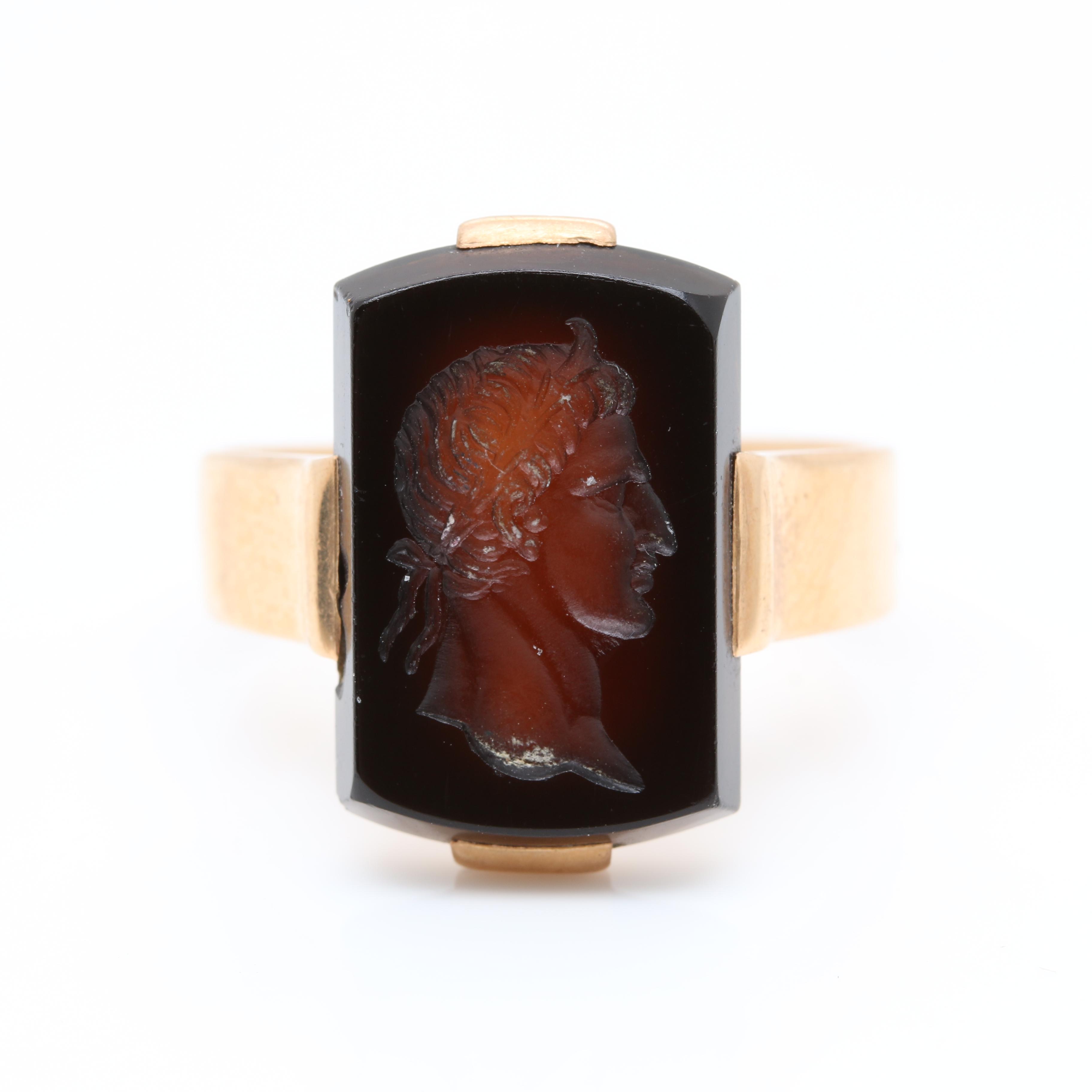 Victorian 18K Yellow Gold Black Onyx Intaglio Ring