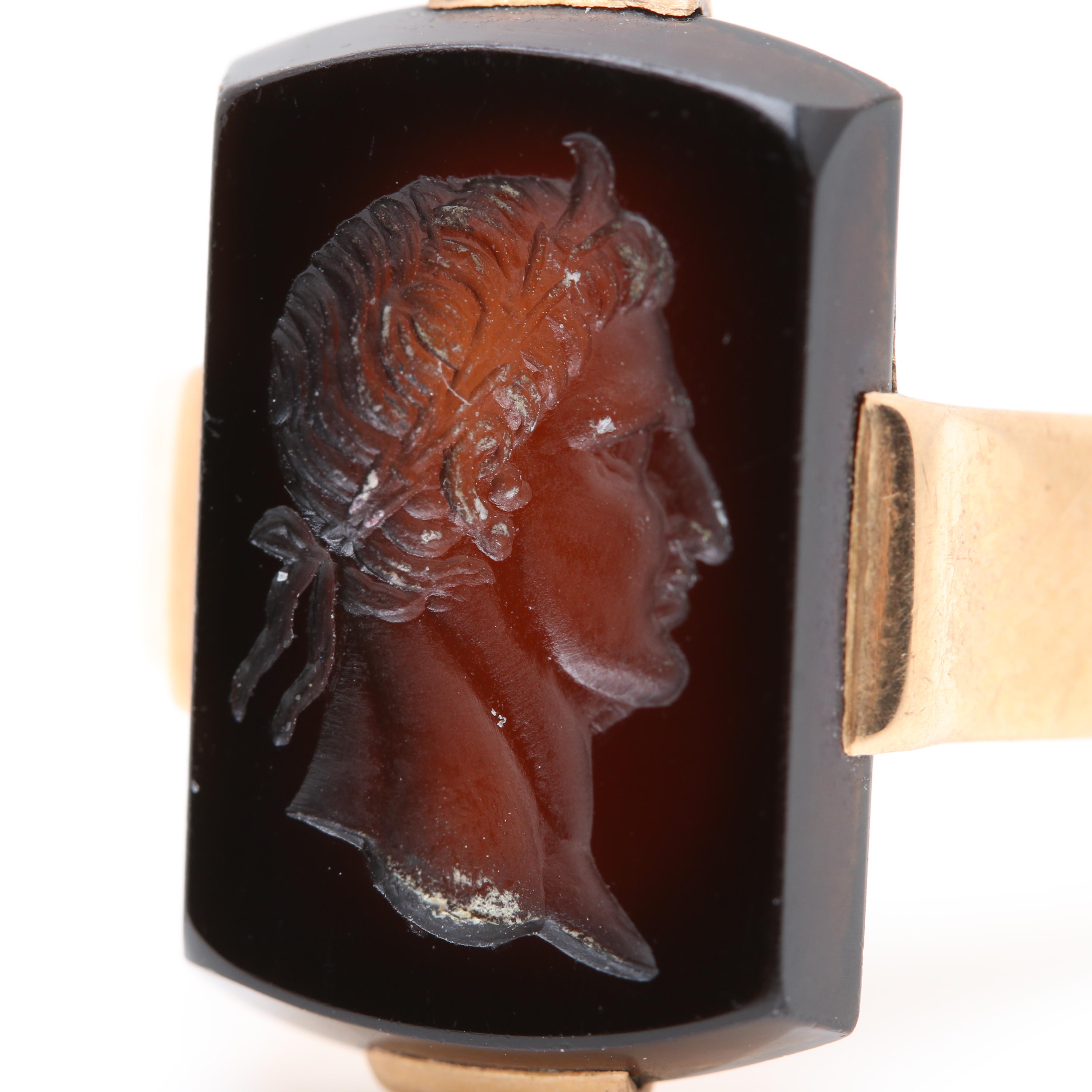 Victorian 18K Yellow Gold Black Onyx Intaglio Ring