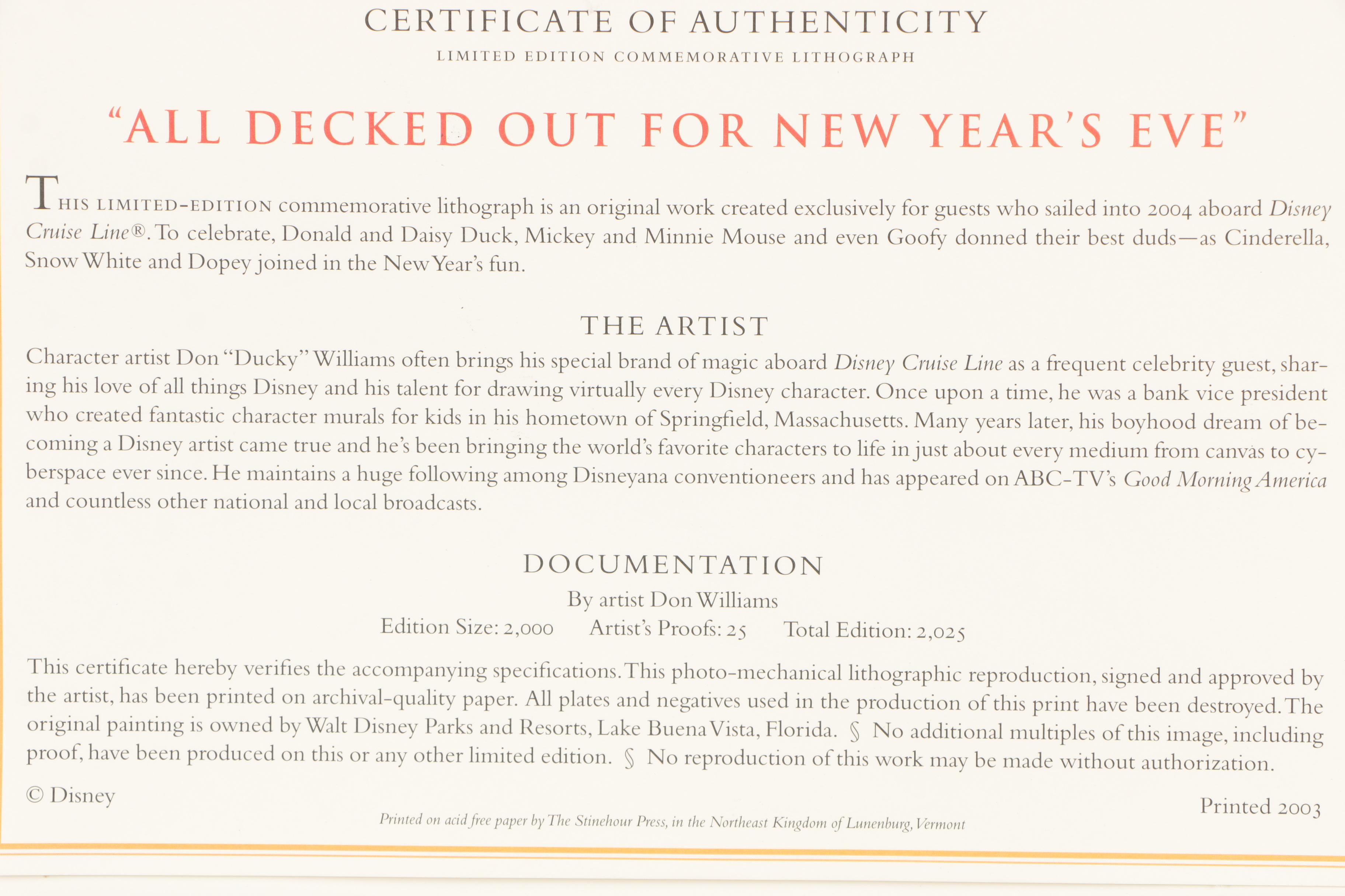 Offset Lithograph of Walt Disney "Happy New Year 2004"