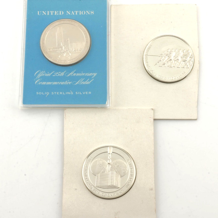 Three Franklin Mint United Nations Commemorative Proof Silver Medals