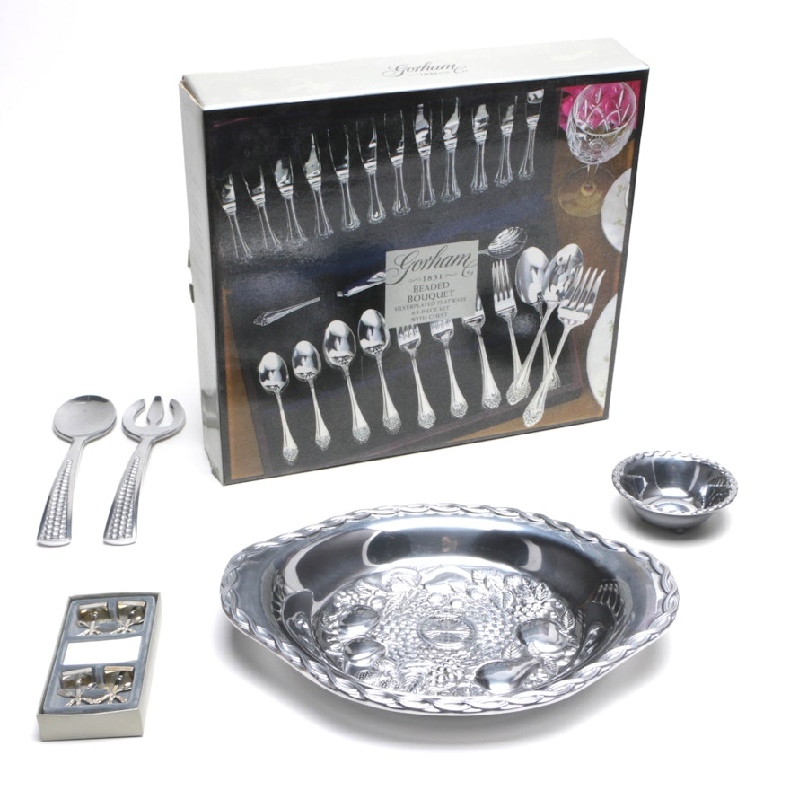 Gorham "Bead Bouquet" Silver Plate Flatware with Other Gorham Serveware