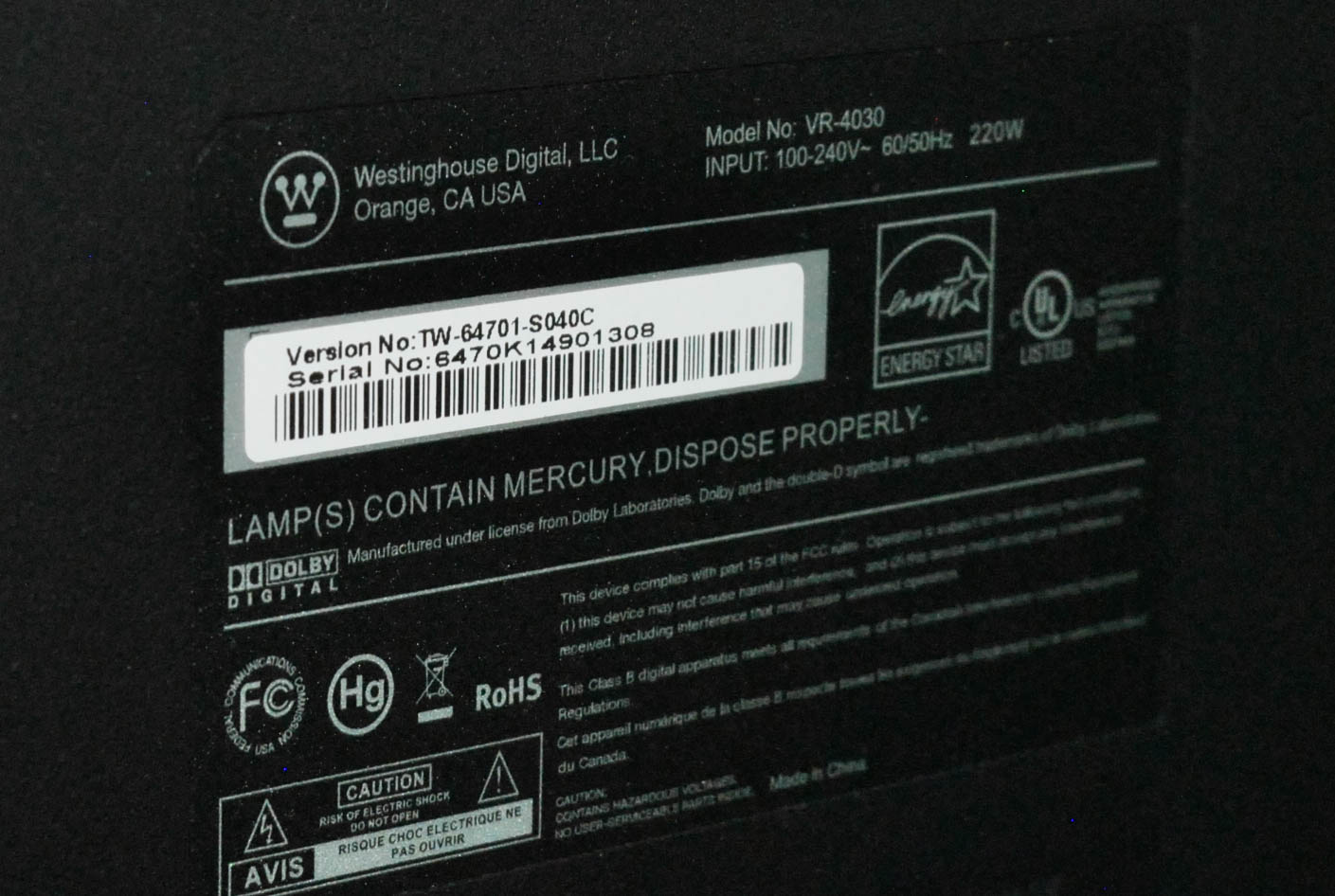 Westinghouse Model VR-4030 40" LCD Television