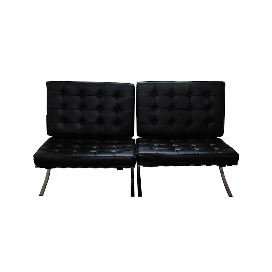 Pair of 'Barcelona' Style Chromed Metal Lounge Chairs