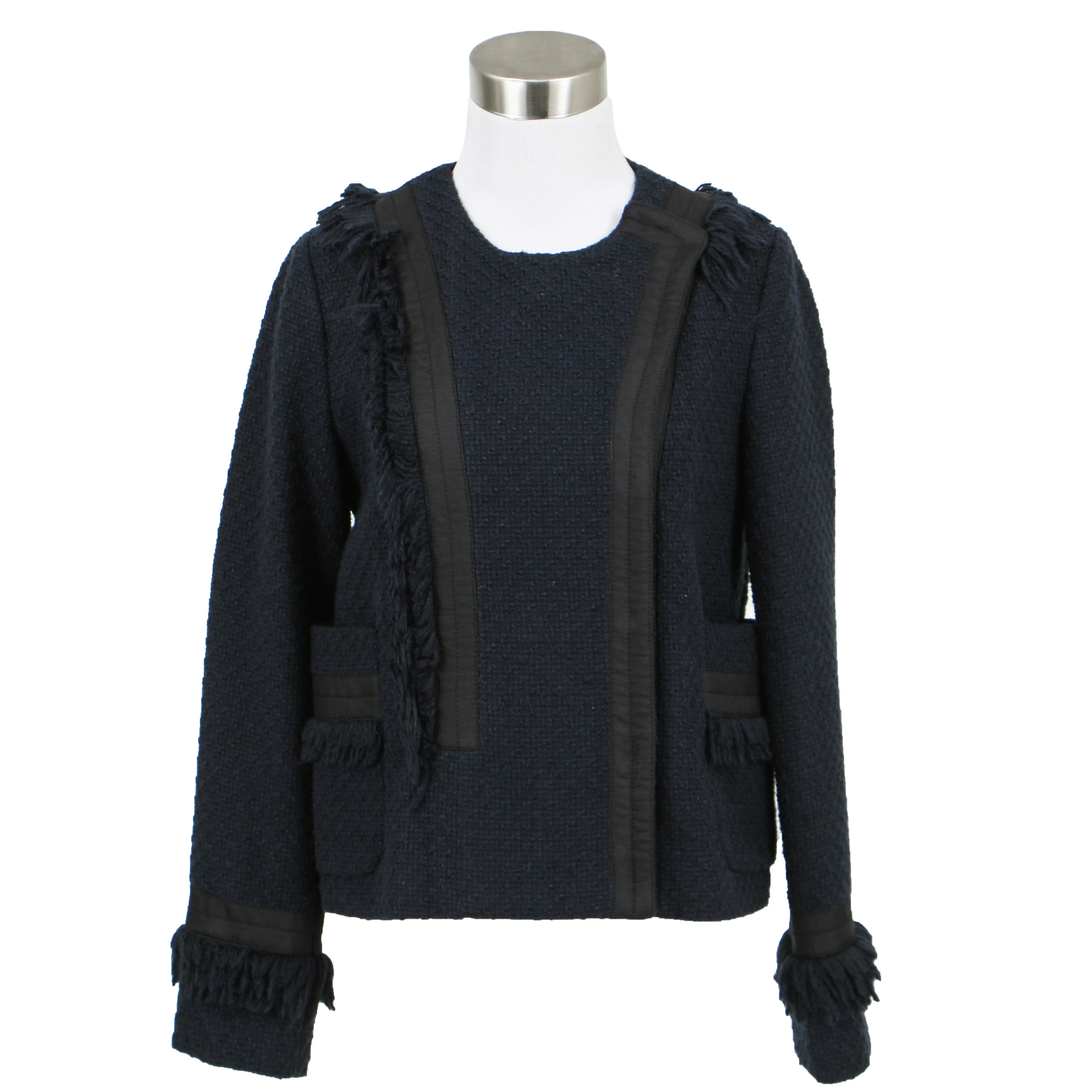 Tory Burch Navy Blue Bouclé Jacket with Fringe