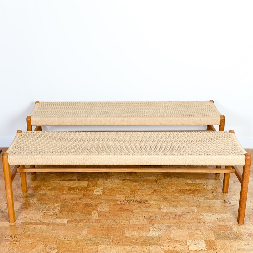 Sun Cabinet Teak Benches with Woven Rope Seats