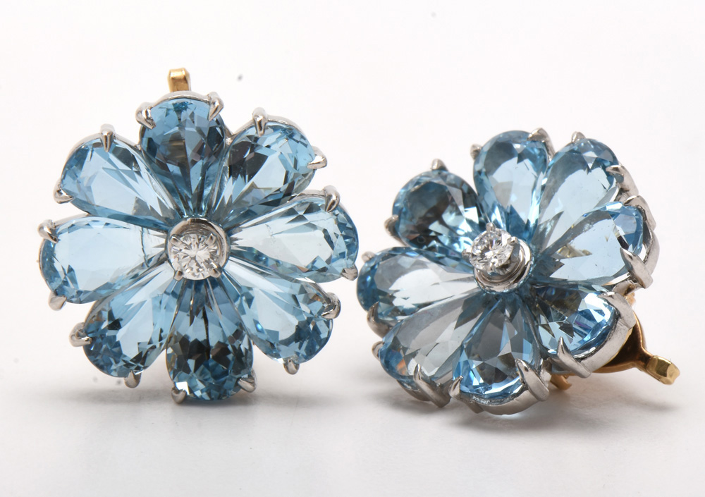 Tiffany & Co. Platinum, Diamond and 15.99 CTW Aquamarine Flower Earrings