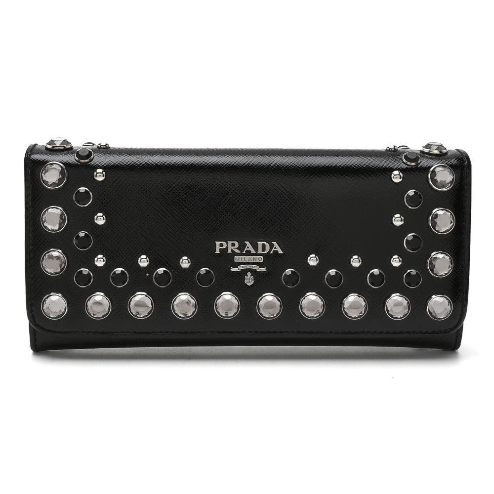 Prada Black Saffiano Vernice Crystal Studded Flap Wallet
