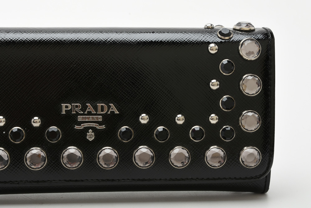 Prada Black Saffiano Vernice Crystal Studded Flap Wallet