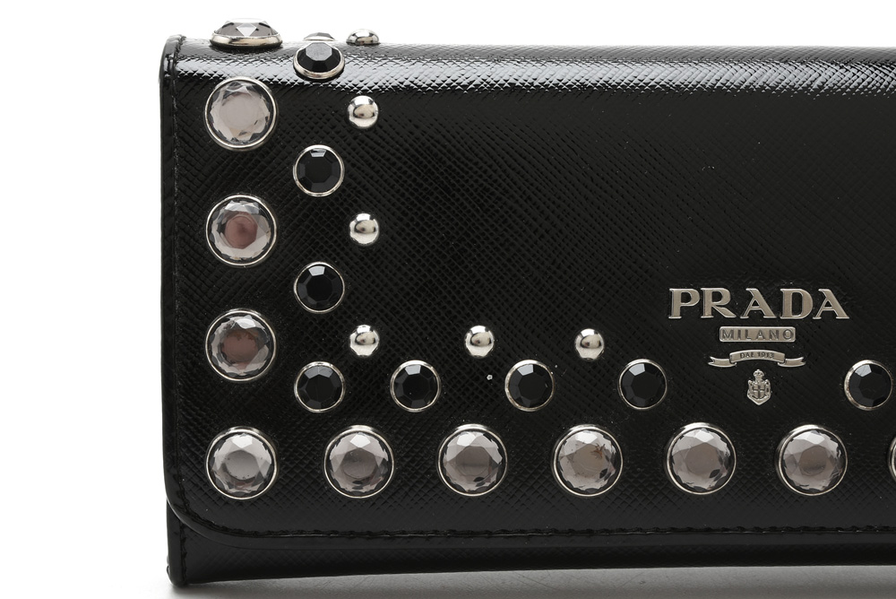 Prada Black Saffiano Vernice Crystal Studded Flap Wallet
