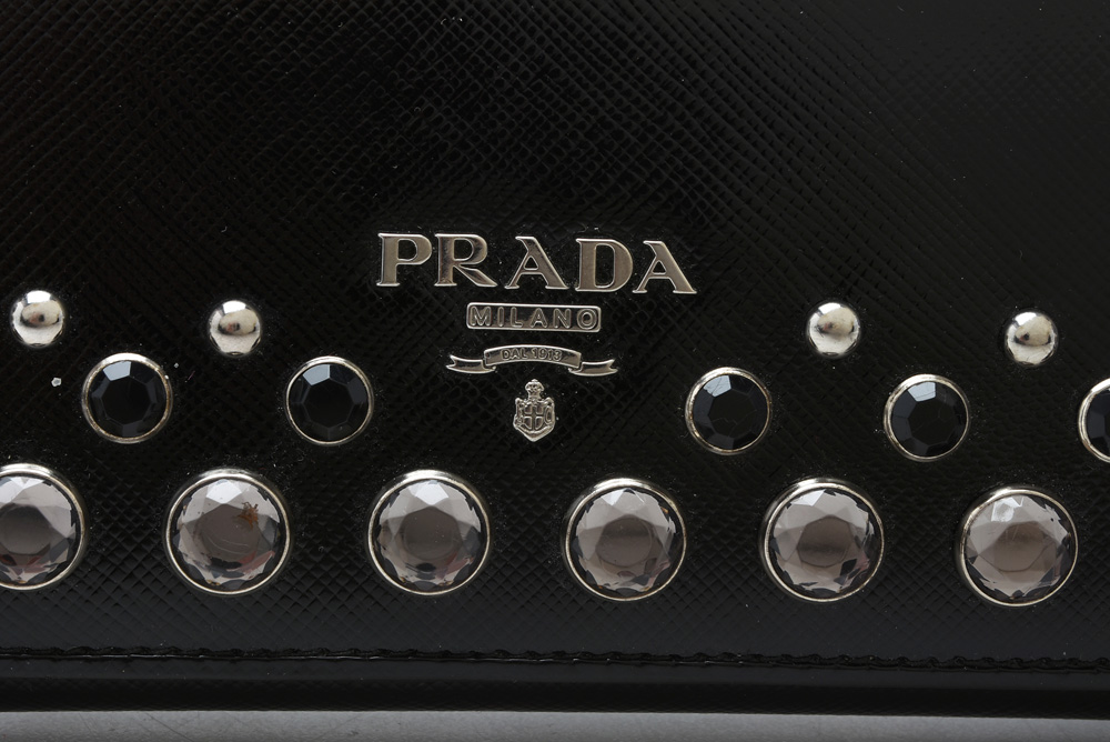 Prada Black Saffiano Vernice Crystal Studded Flap Wallet
