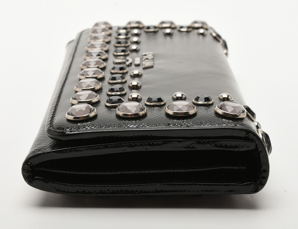 Prada Black Saffiano Vernice Crystal Studded Flap Wallet