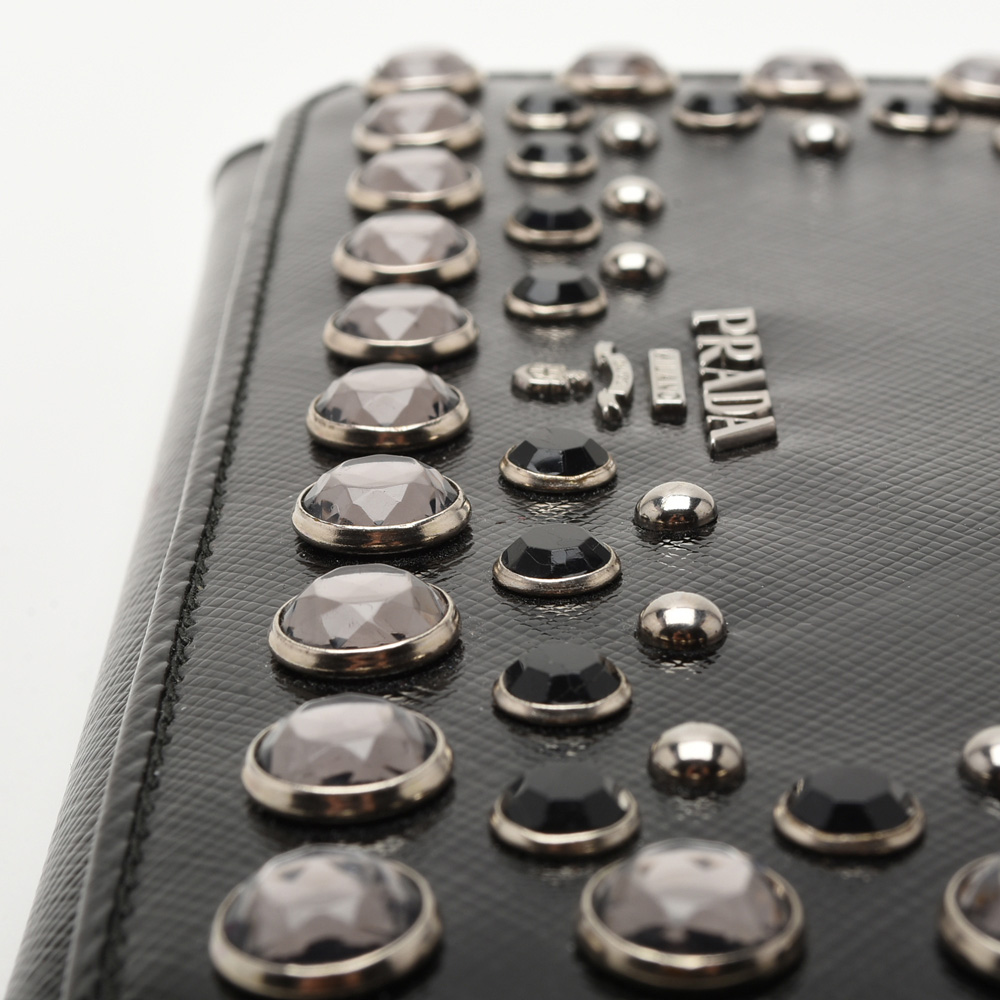 Prada Black Saffiano Vernice Crystal Studded Flap Wallet
