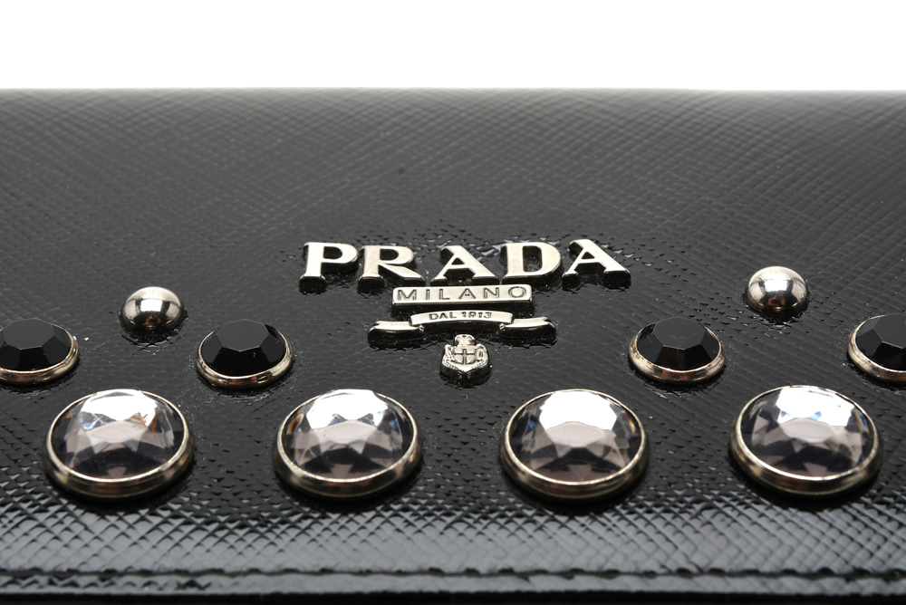 Prada Black Saffiano Vernice Crystal Studded Flap Wallet