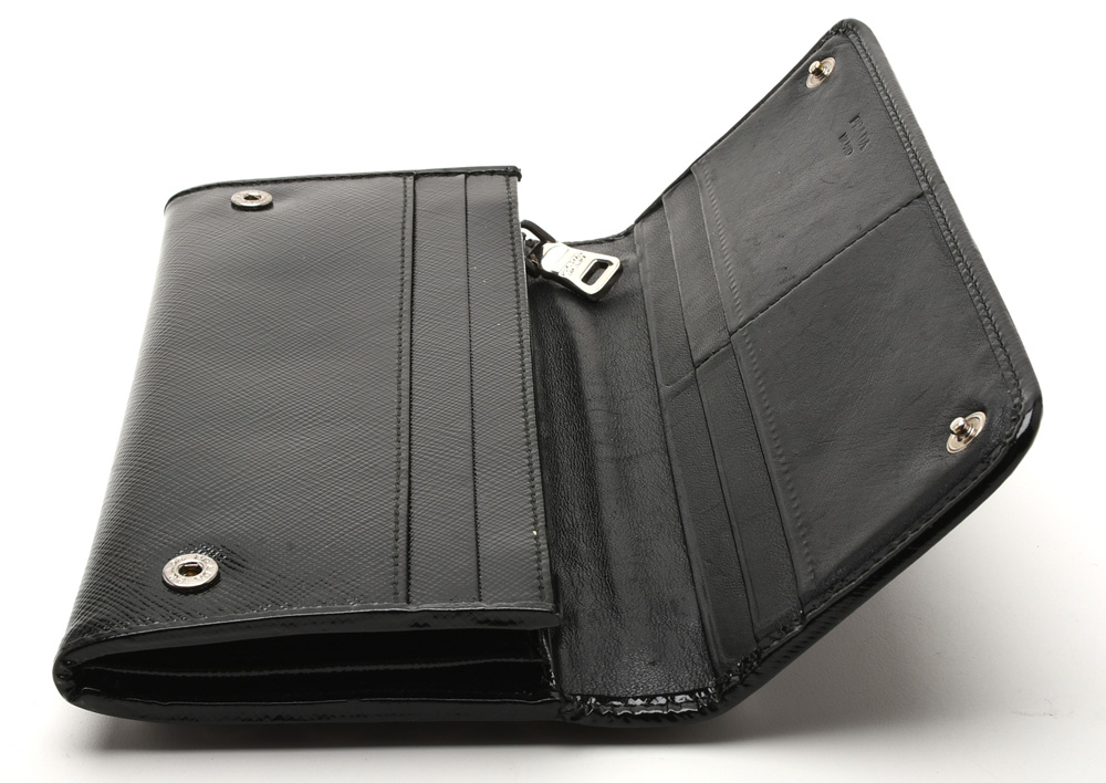 Prada Black Saffiano Vernice Crystal Studded Flap Wallet