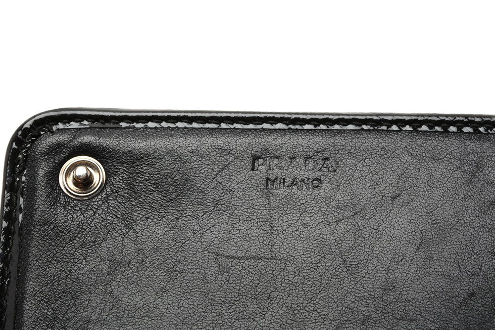 Prada Black Saffiano Vernice Crystal Studded Flap Wallet