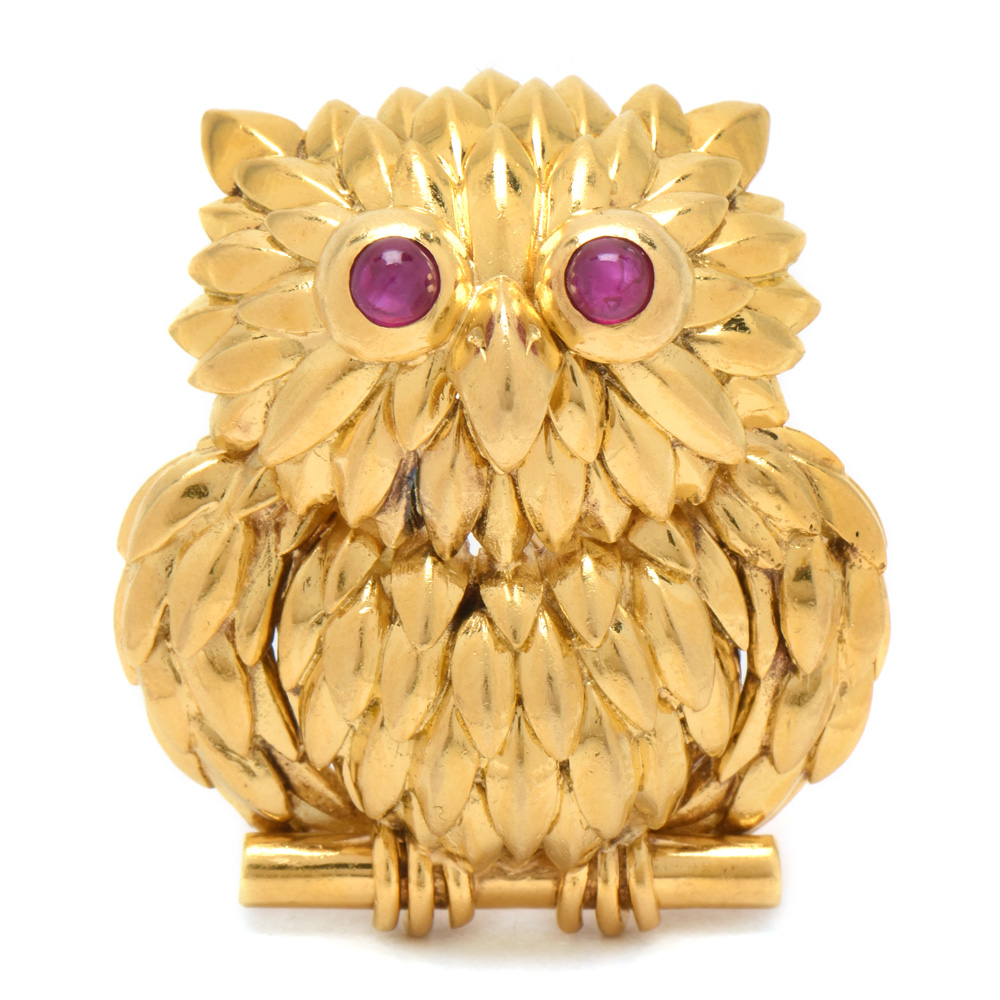 Vintage Tiffany & Co. 18K Yellow Gold Ruby Eyed Owl Brooch