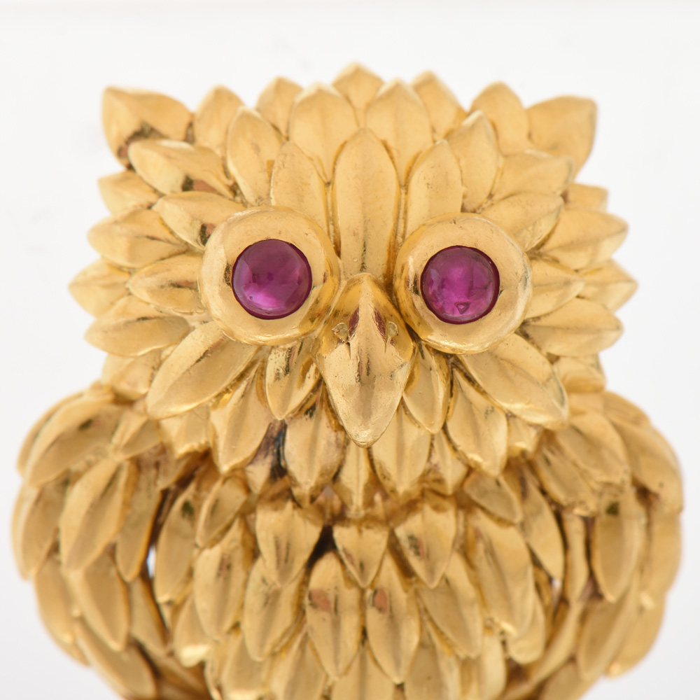 Vintage Tiffany & Co. 18K Yellow Gold Ruby Eyed Owl Brooch