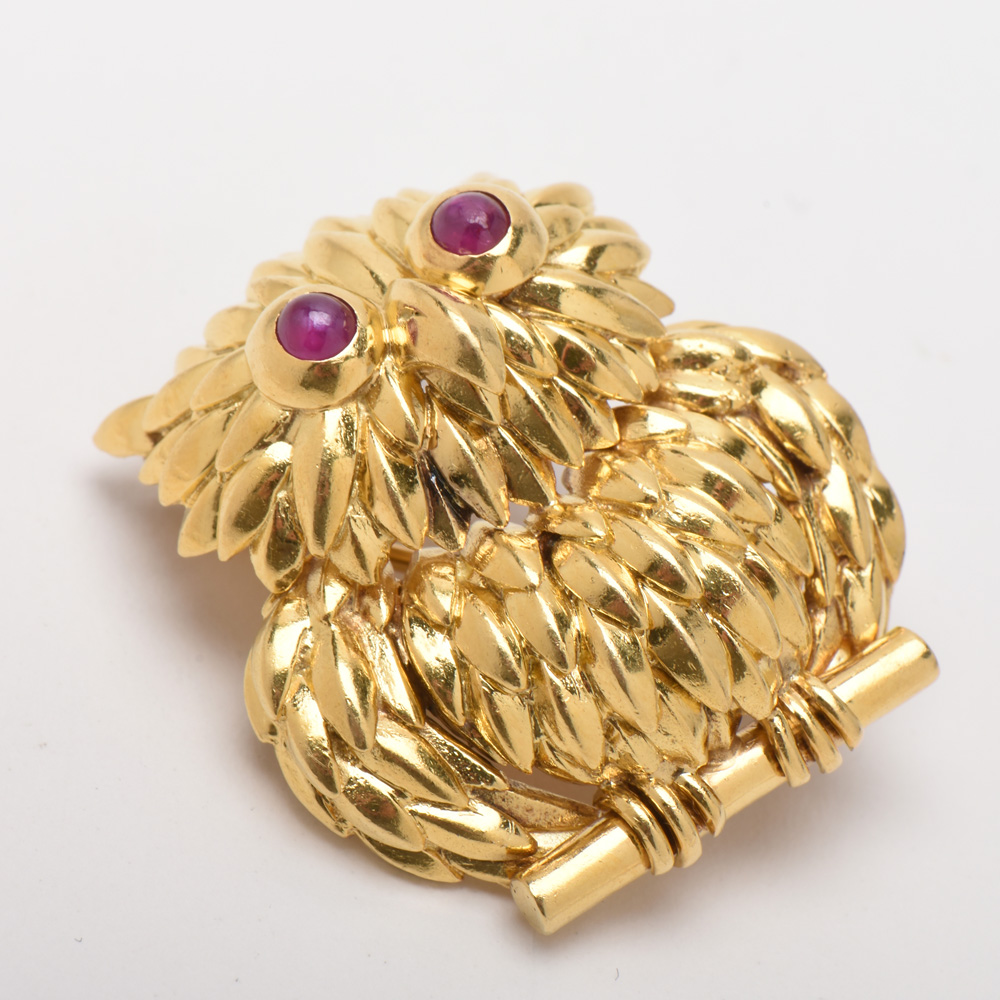 Vintage Tiffany & Co. 18K Yellow Gold Ruby Eyed Owl Brooch