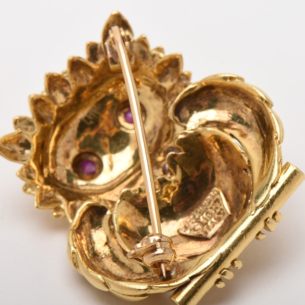 Vintage Tiffany & Co. 18K Yellow Gold Ruby Eyed Owl Brooch