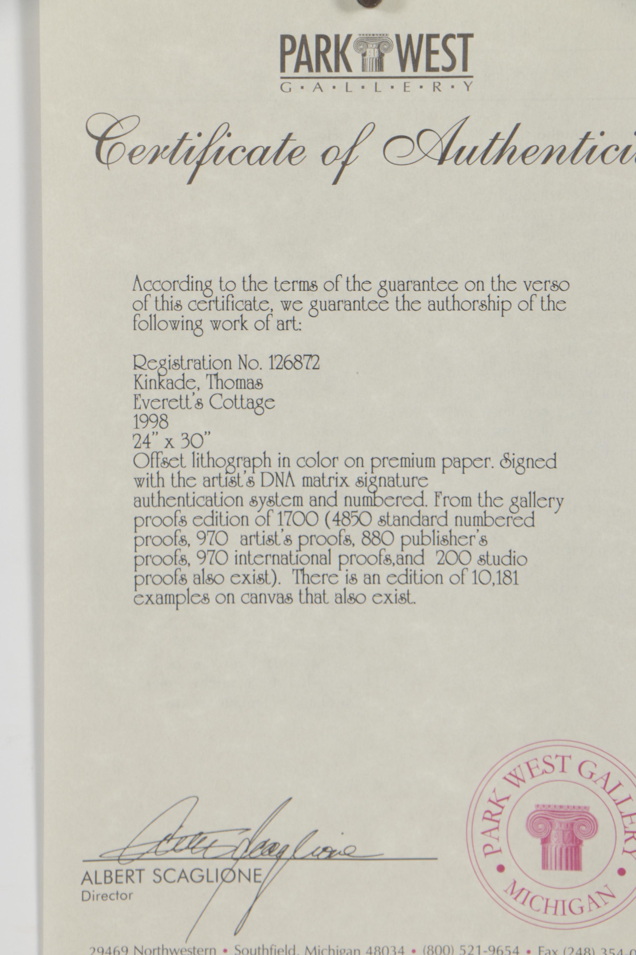 Limited Edition Offset Lithograph After Thomas Kinkade "Everett's Cottage"